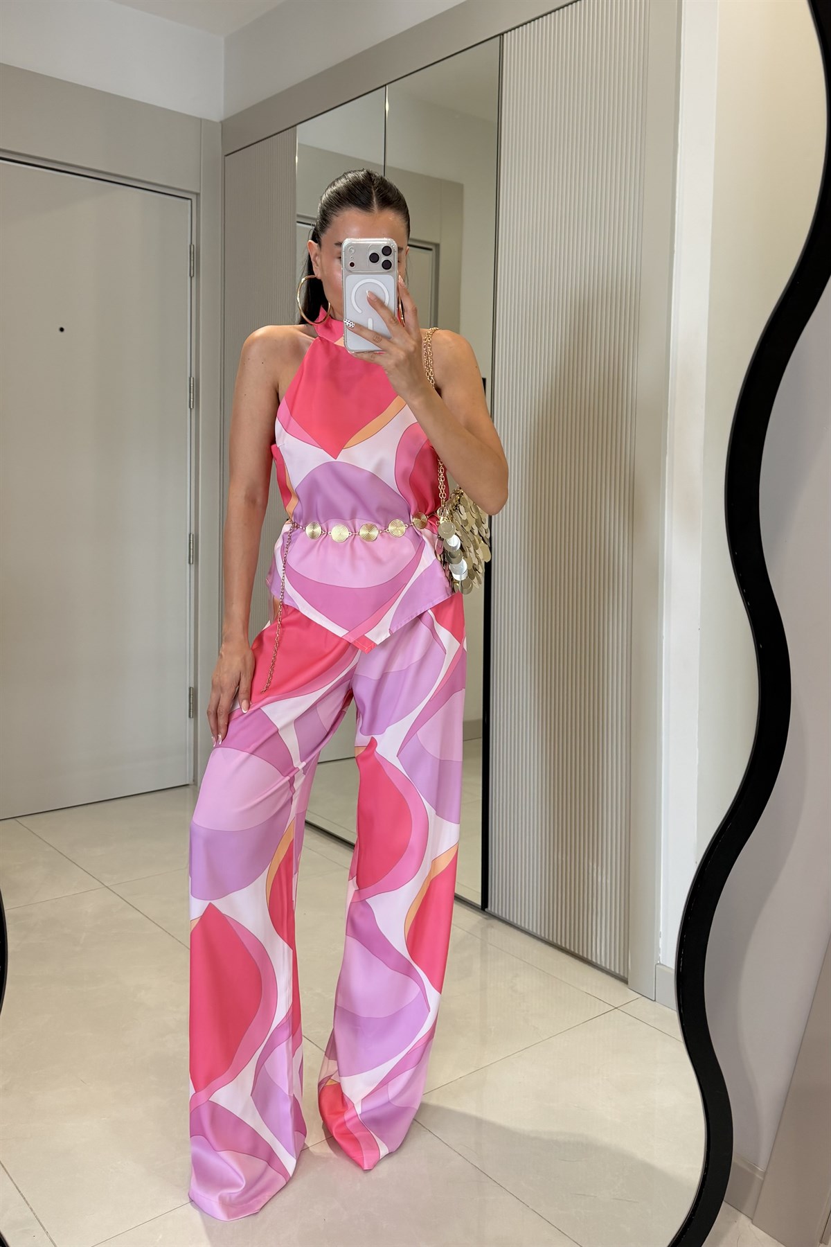 Hannah Pembe Desenli Saten Takım