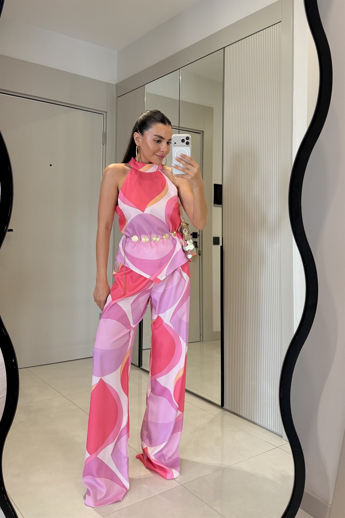 Hannah Pembe Desenli Saten Takım