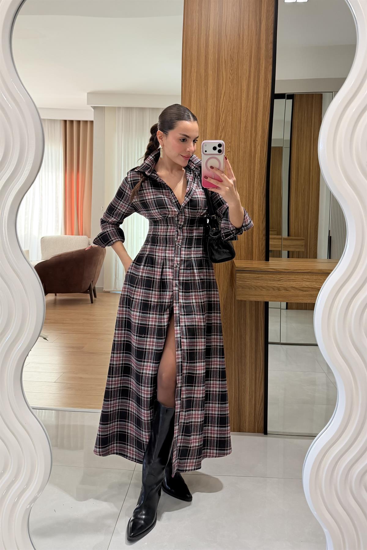 Hans Kırmızı Ekose Belden Oturtmalı Elbise