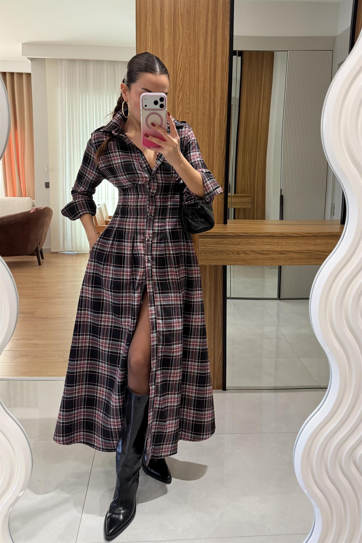 Hans Kırmızı Ekose Belden Oturtmalı Elbise