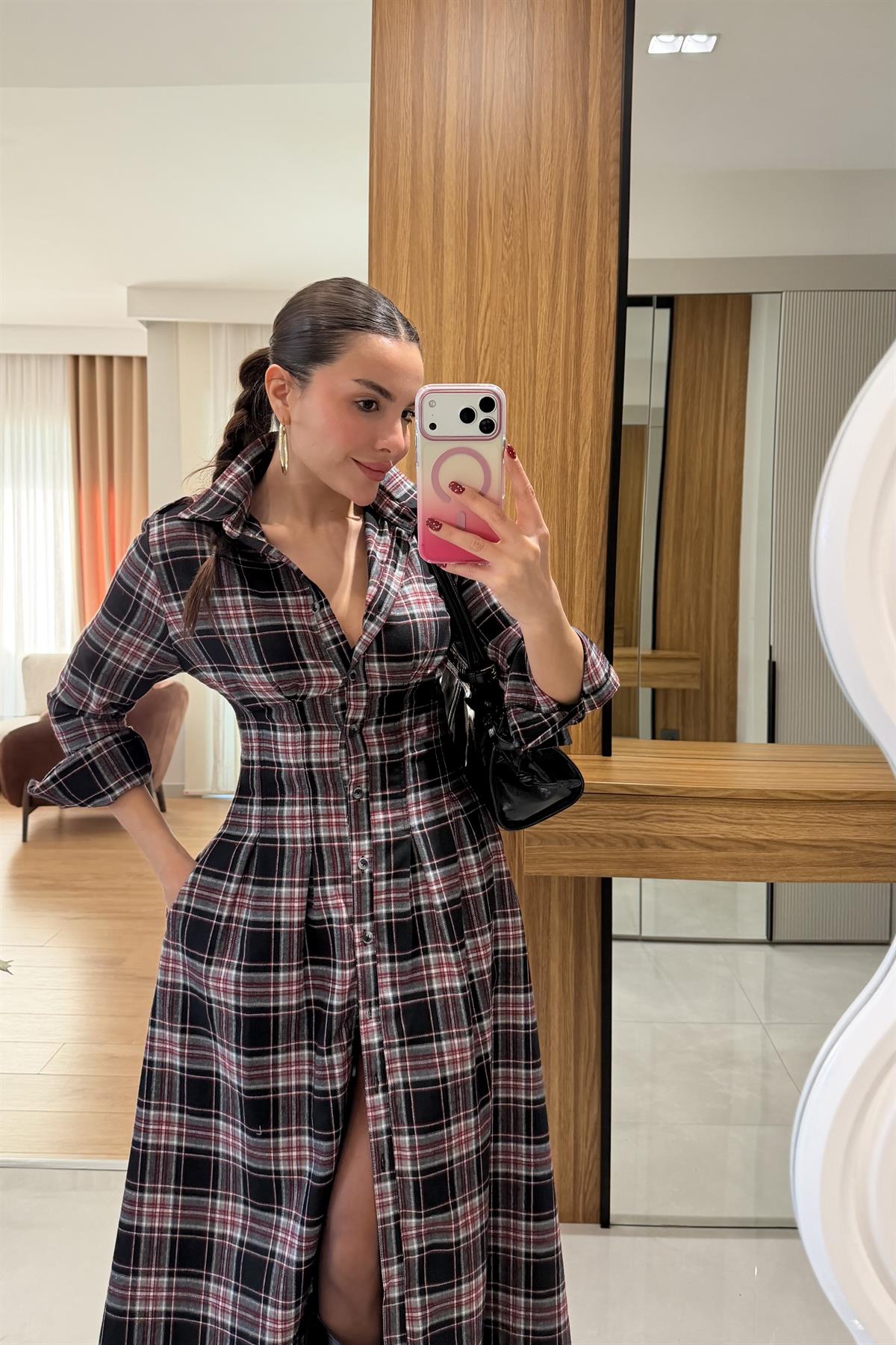 Hans Kırmızı Ekose Belden Oturtmalı Elbise