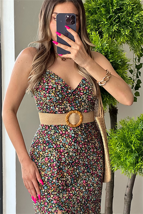 Hardal yuvarlak tokalı hasır kemer