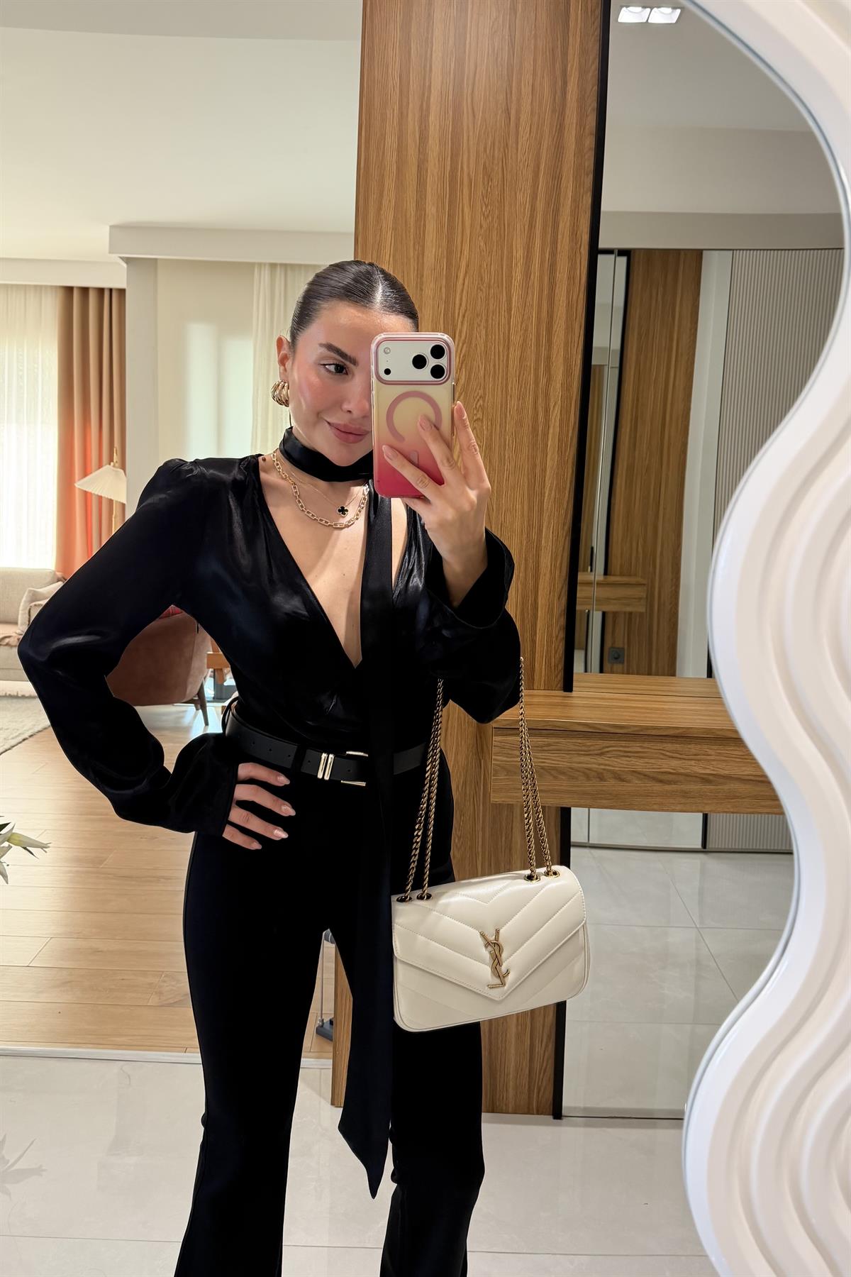 Harlem Siyah Saten Şallı Gömlek