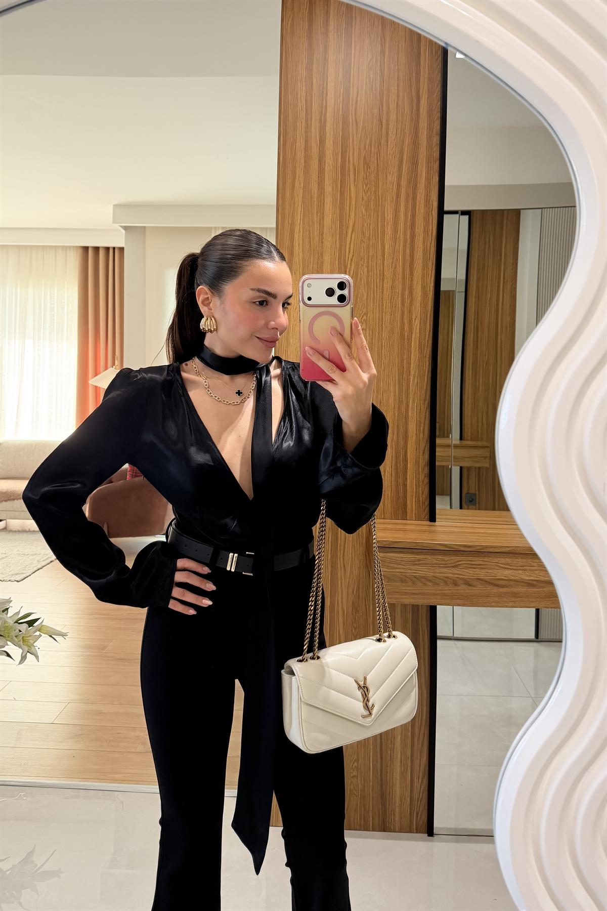 Harlem Siyah Saten Şallı Gömlek