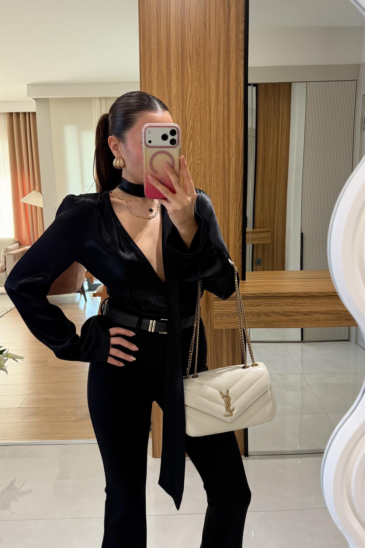 Harlem Siyah Saten Şallı Gömlek