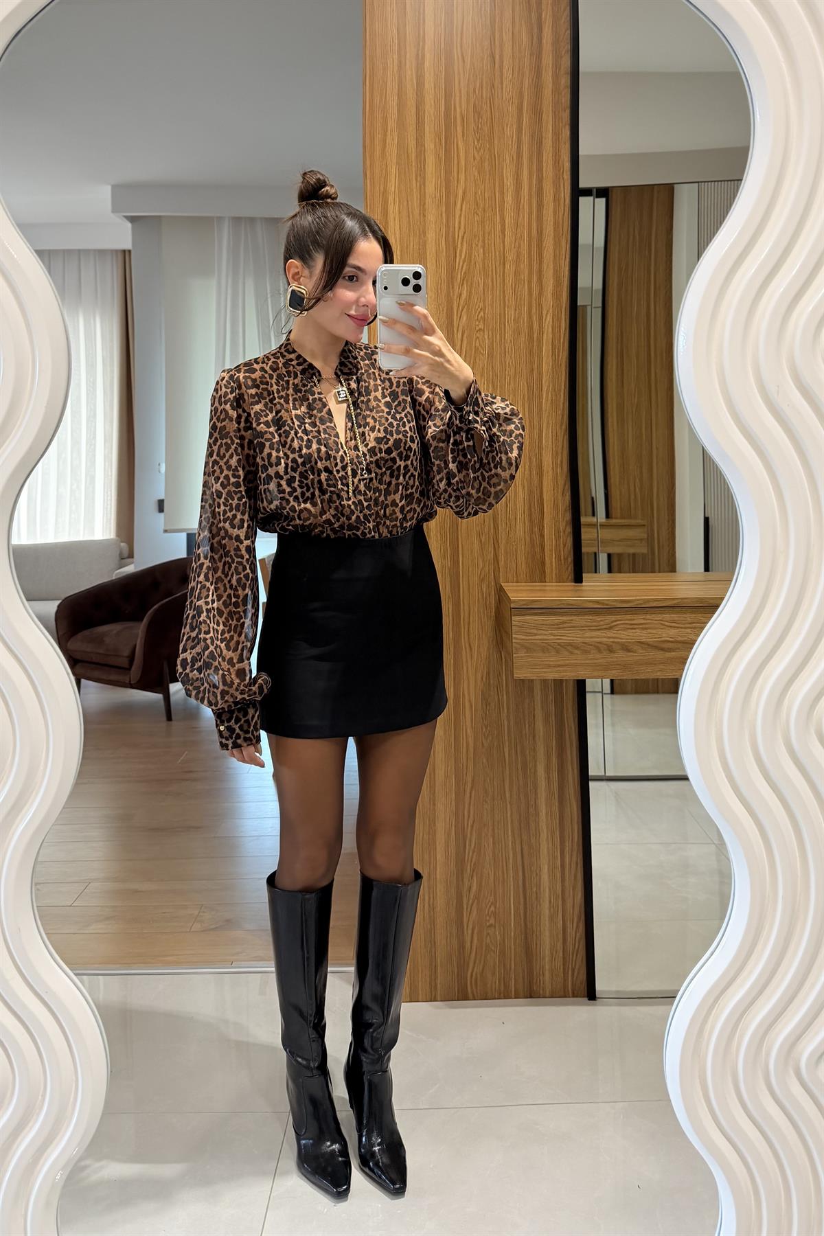 Harley Leopar Şifon Gömlek 