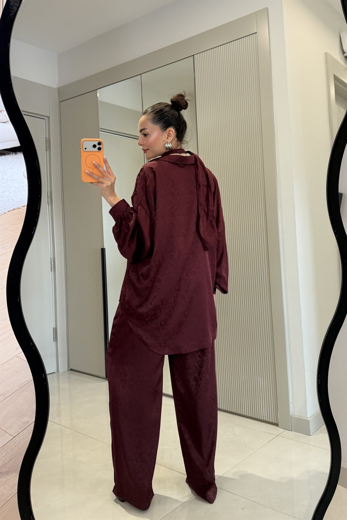 Harmony Bordo Jakarlı Fularlı Şık Takım