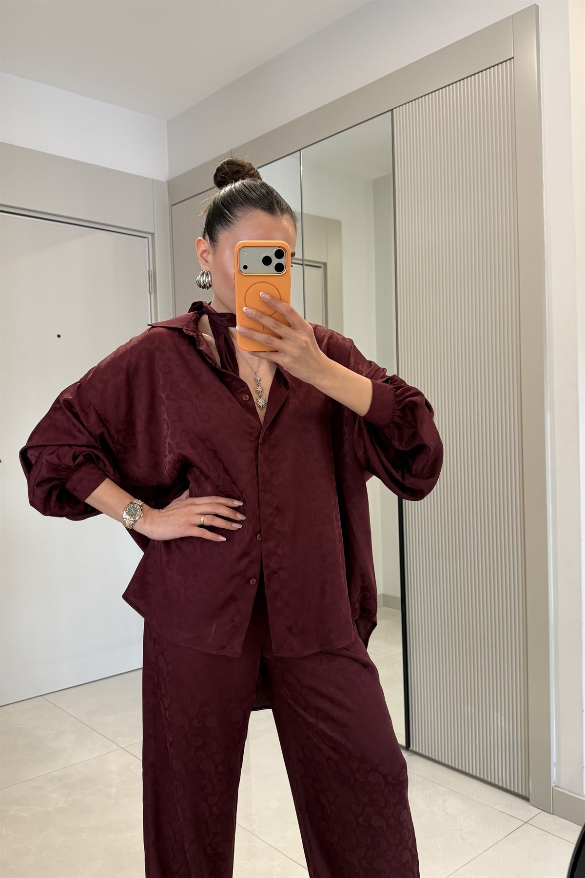 Harmony Bordo Jakarlı Fularlı Şık Takım