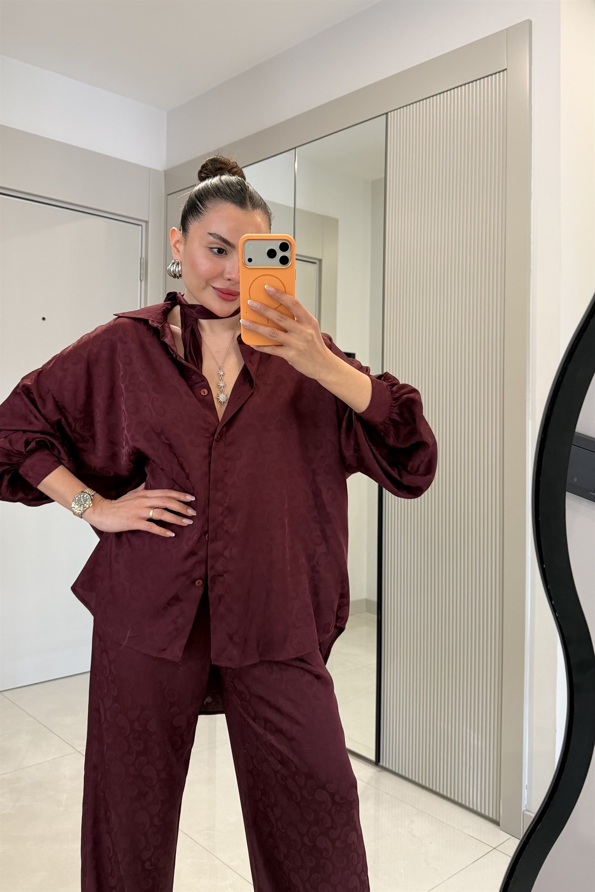 Harmony Bordo Jakarlı Fularlı Şık Takım