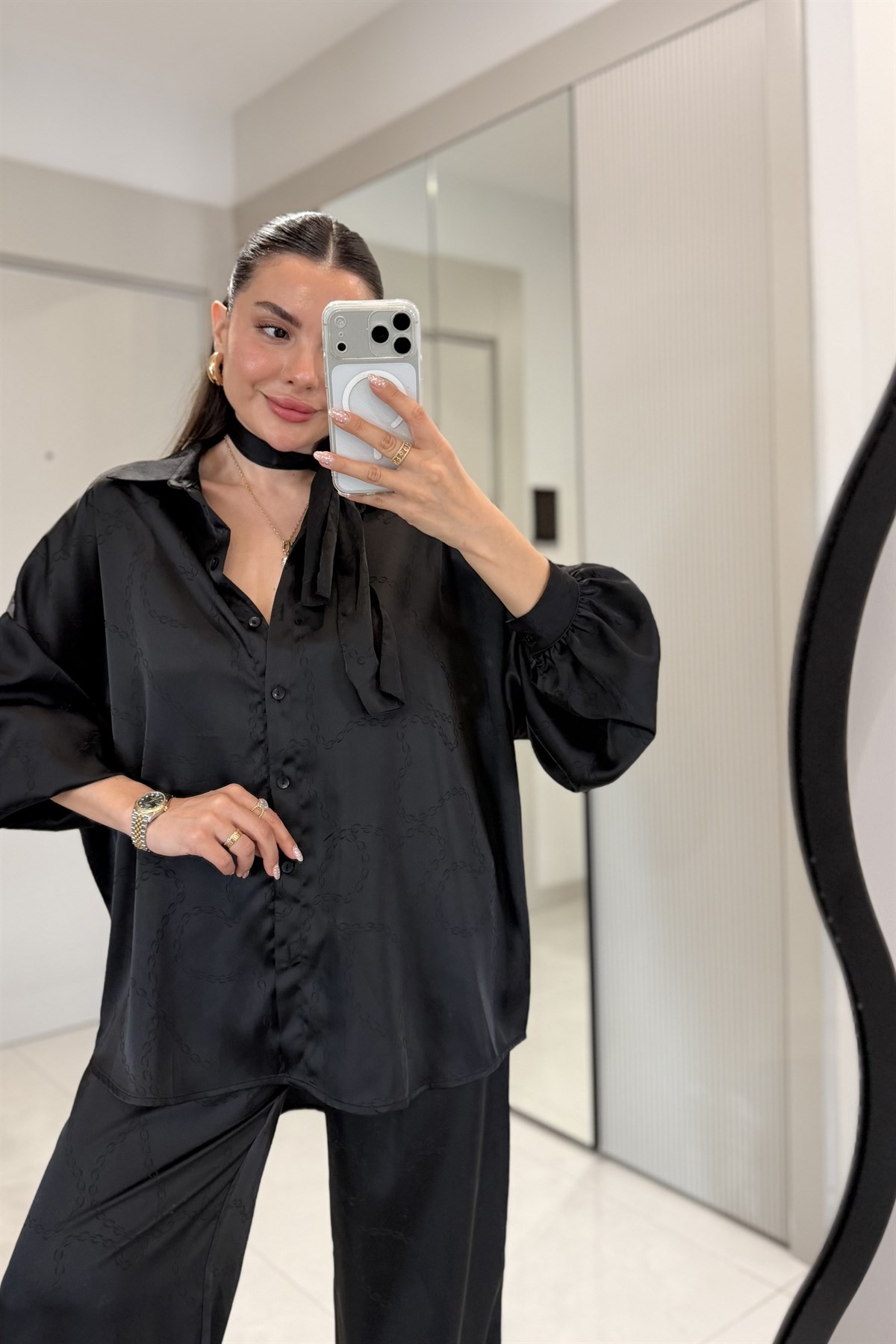 Harmony Siyah Mozaik Jakarlı Fularlı Şık Takım