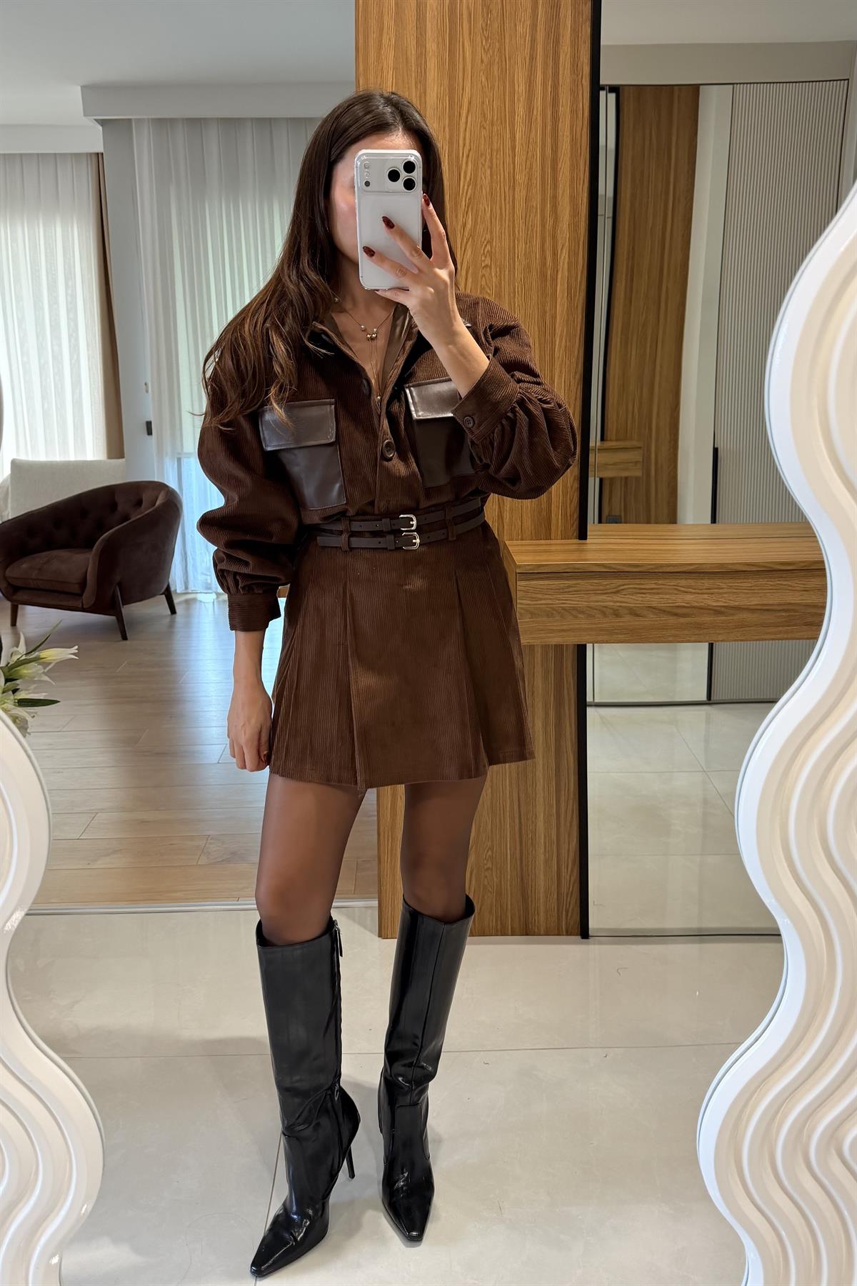 Harper Kahve Çift Kemerli Kadife Şort Etek