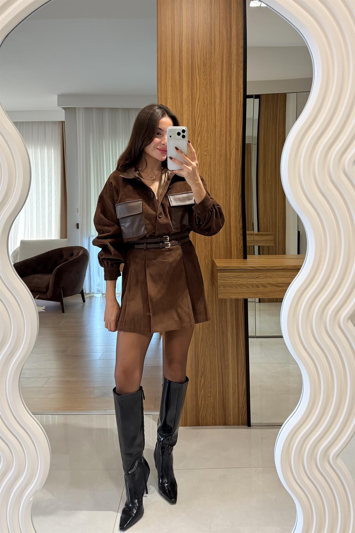 Harper Kahve Çift Kemerli Kadife Şort Etek