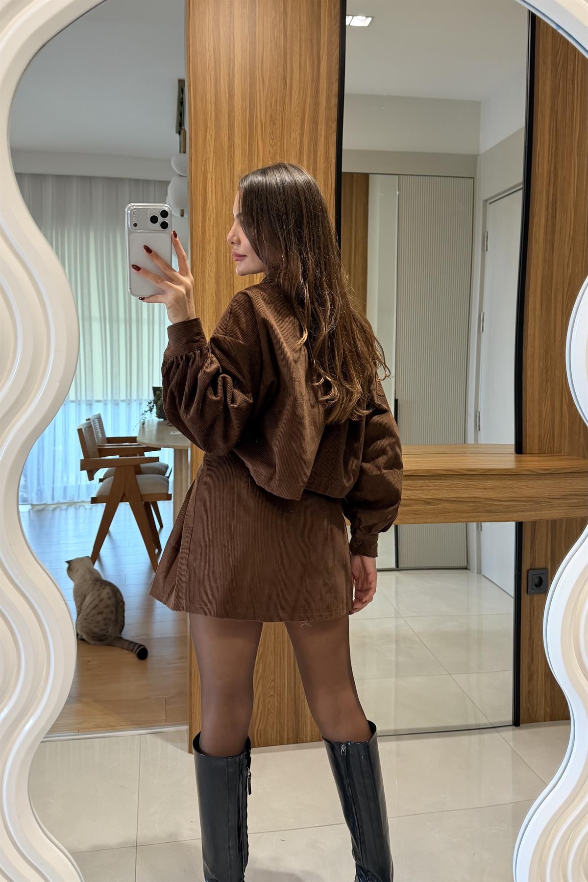 Harper Kahve Deri Cepli Kadife Ceket