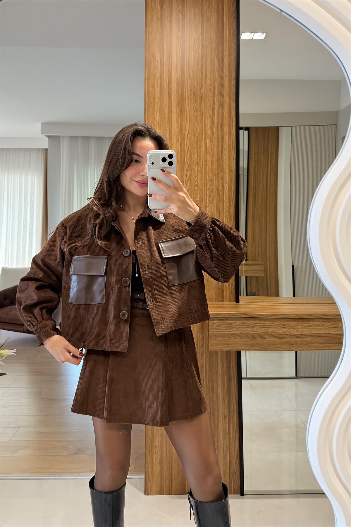 Harper Kahve Deri Cepli Kadife Ceket