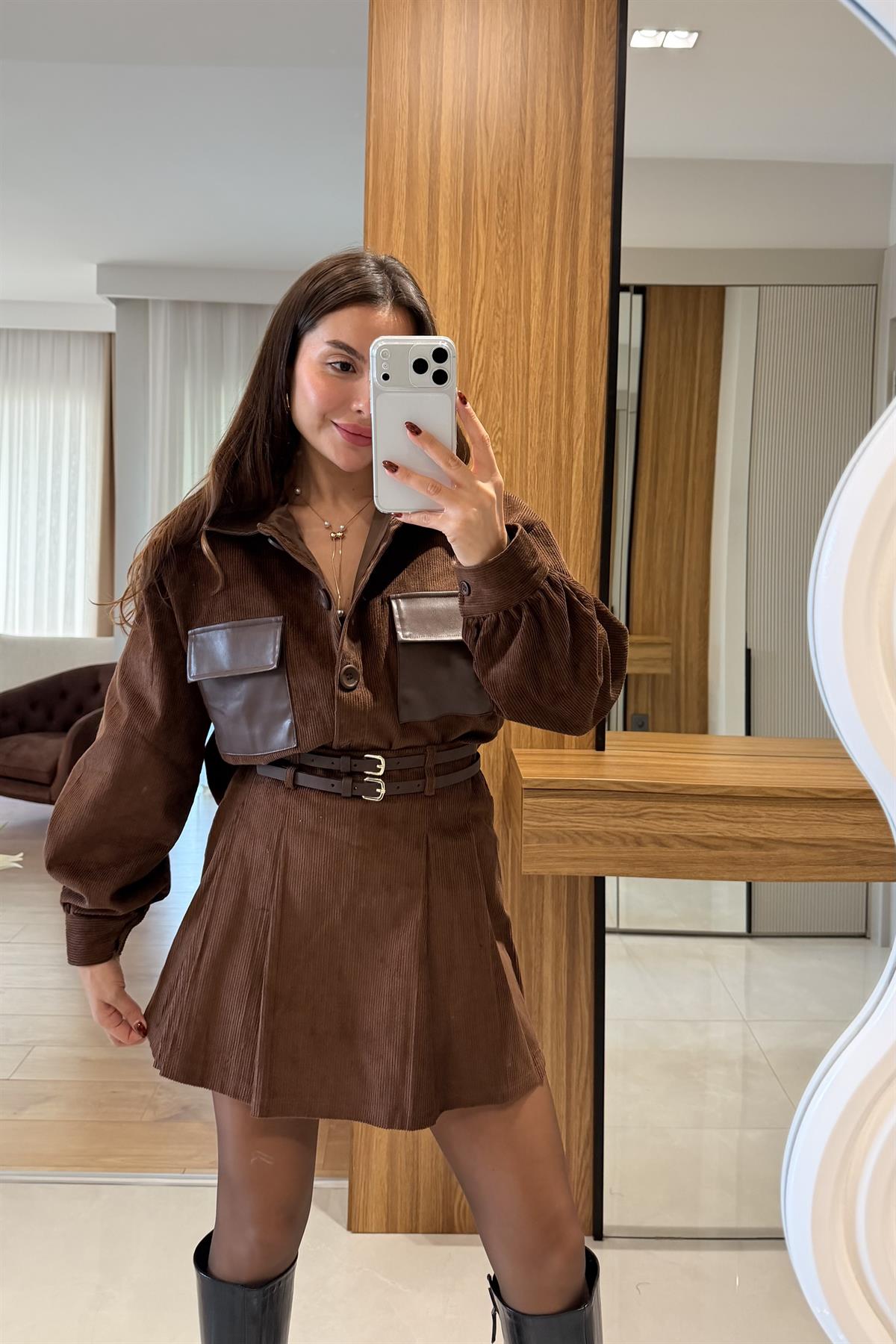 Harper Kahve Deri Cepli Kadife Ceket