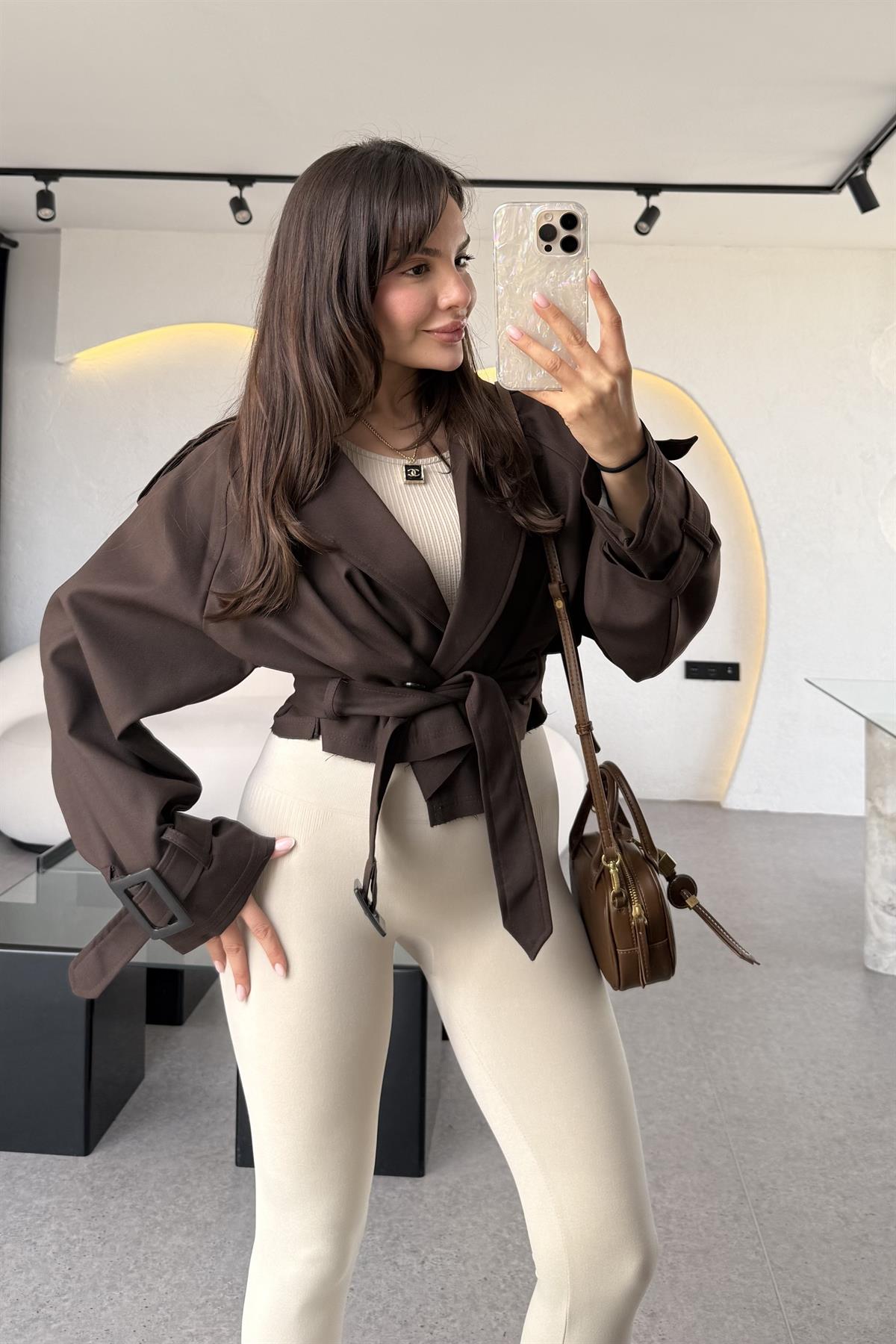 Harward Acı Kahve Mini Kuşaklı Trenç 