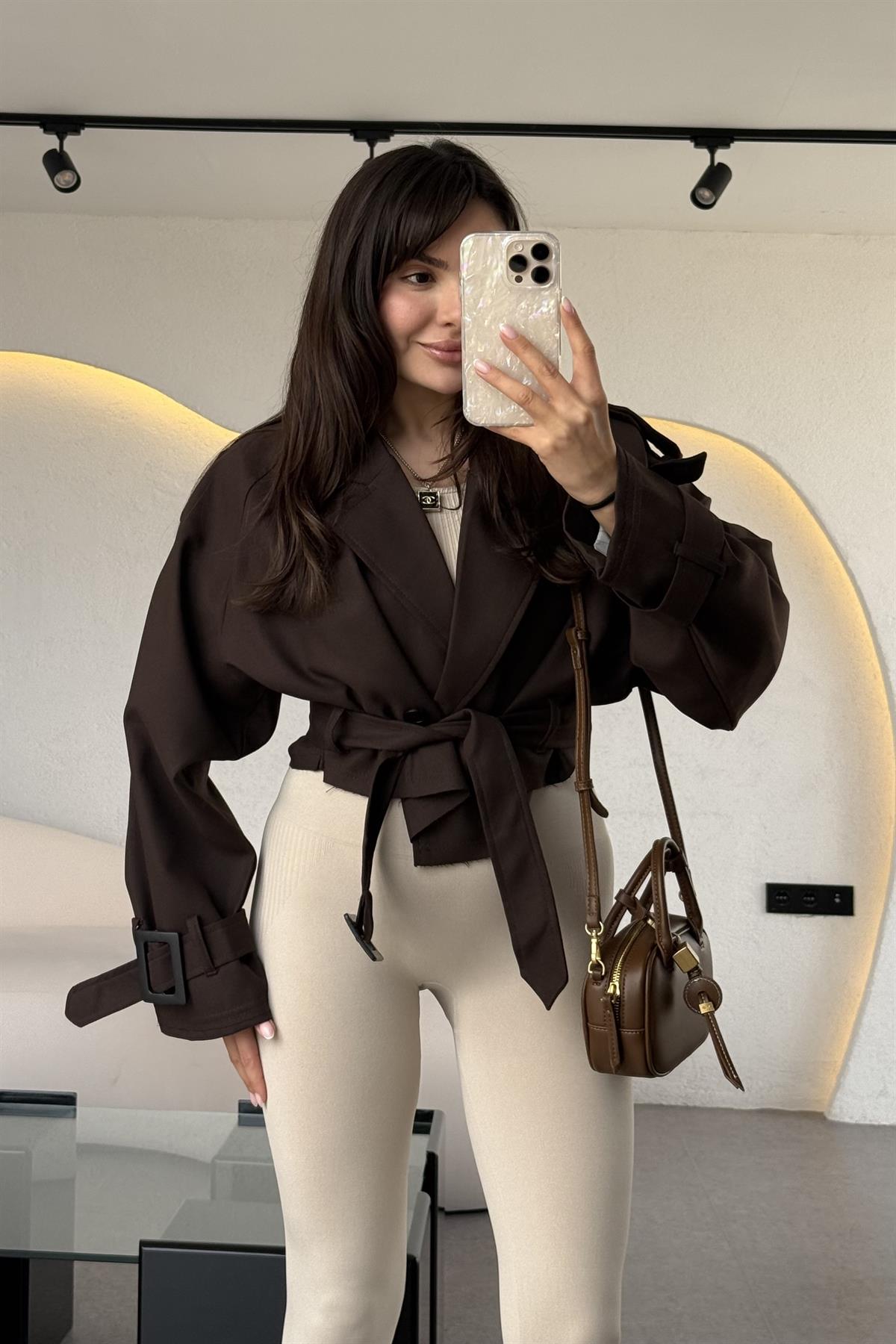 Harward Acı Kahve Mini Kuşaklı Trenç 