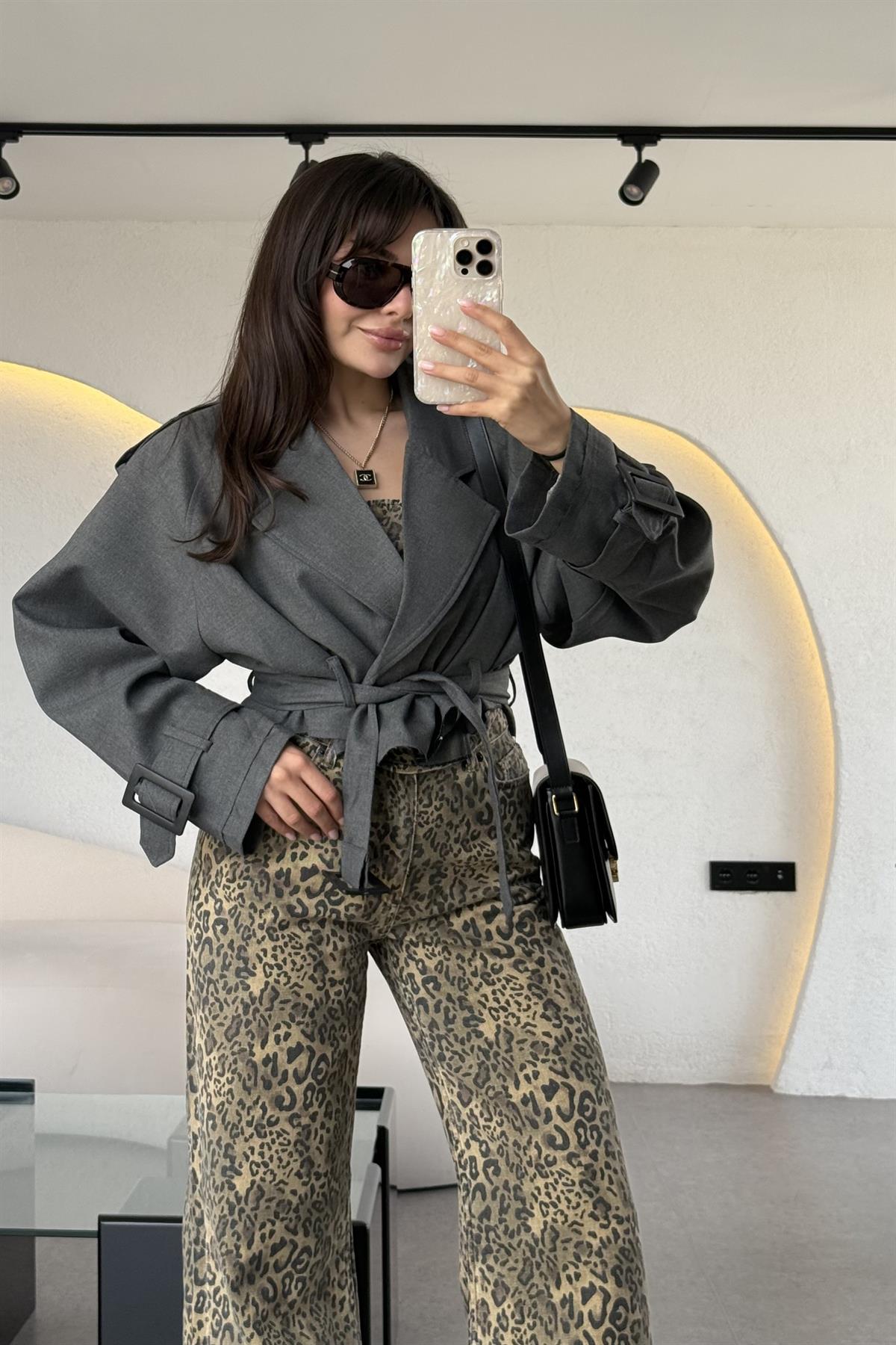 Harward Gri Mini Kuşaklı Trenç 