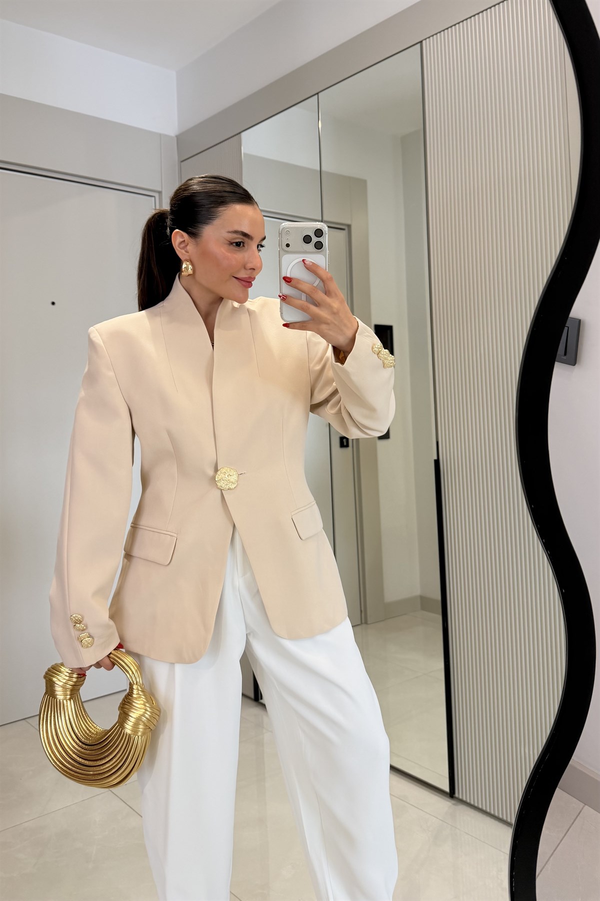 Harward Krem Gold Düğmeli Blazer Ceket