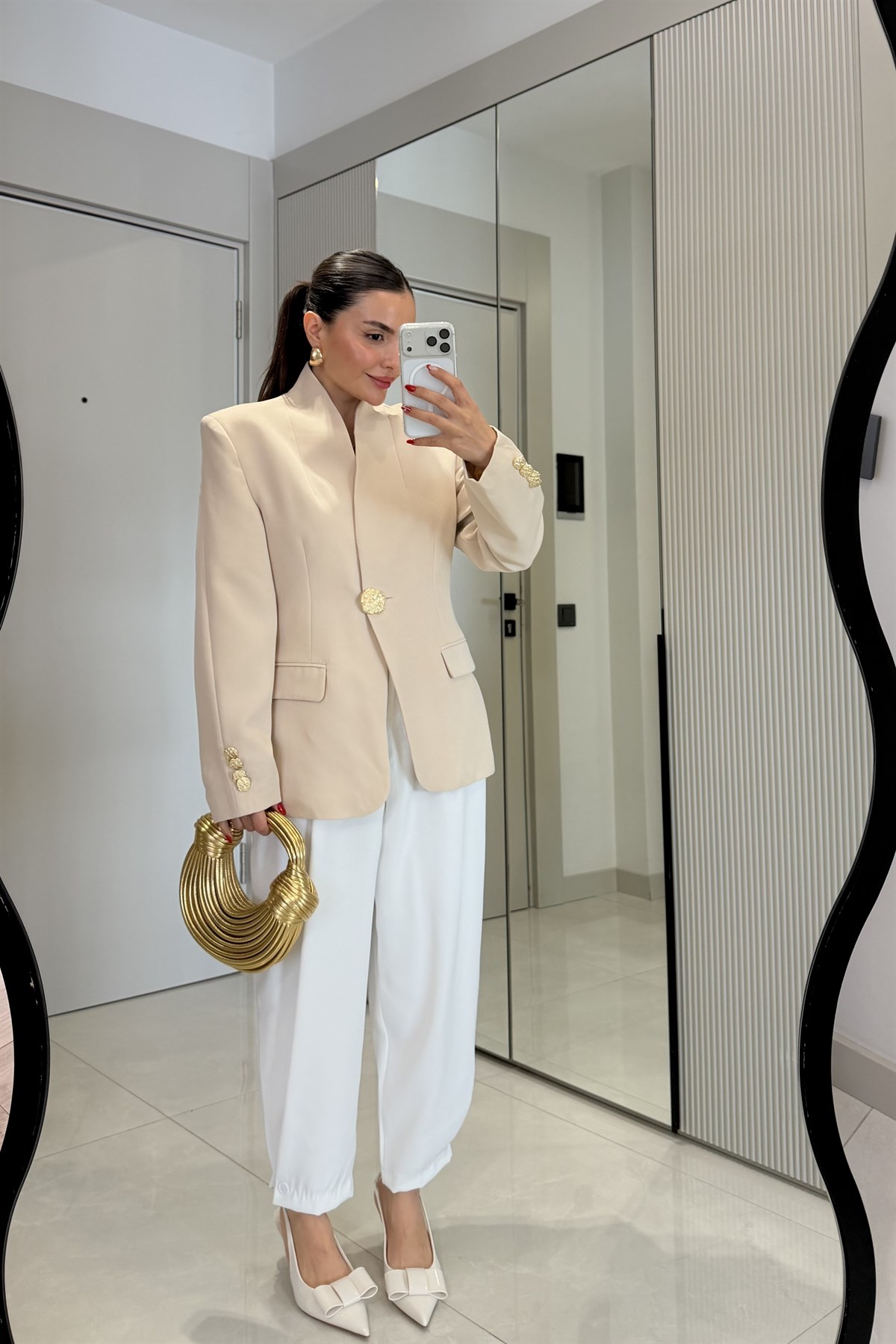 Harward Krem Gold Düğmeli Blazer Ceket