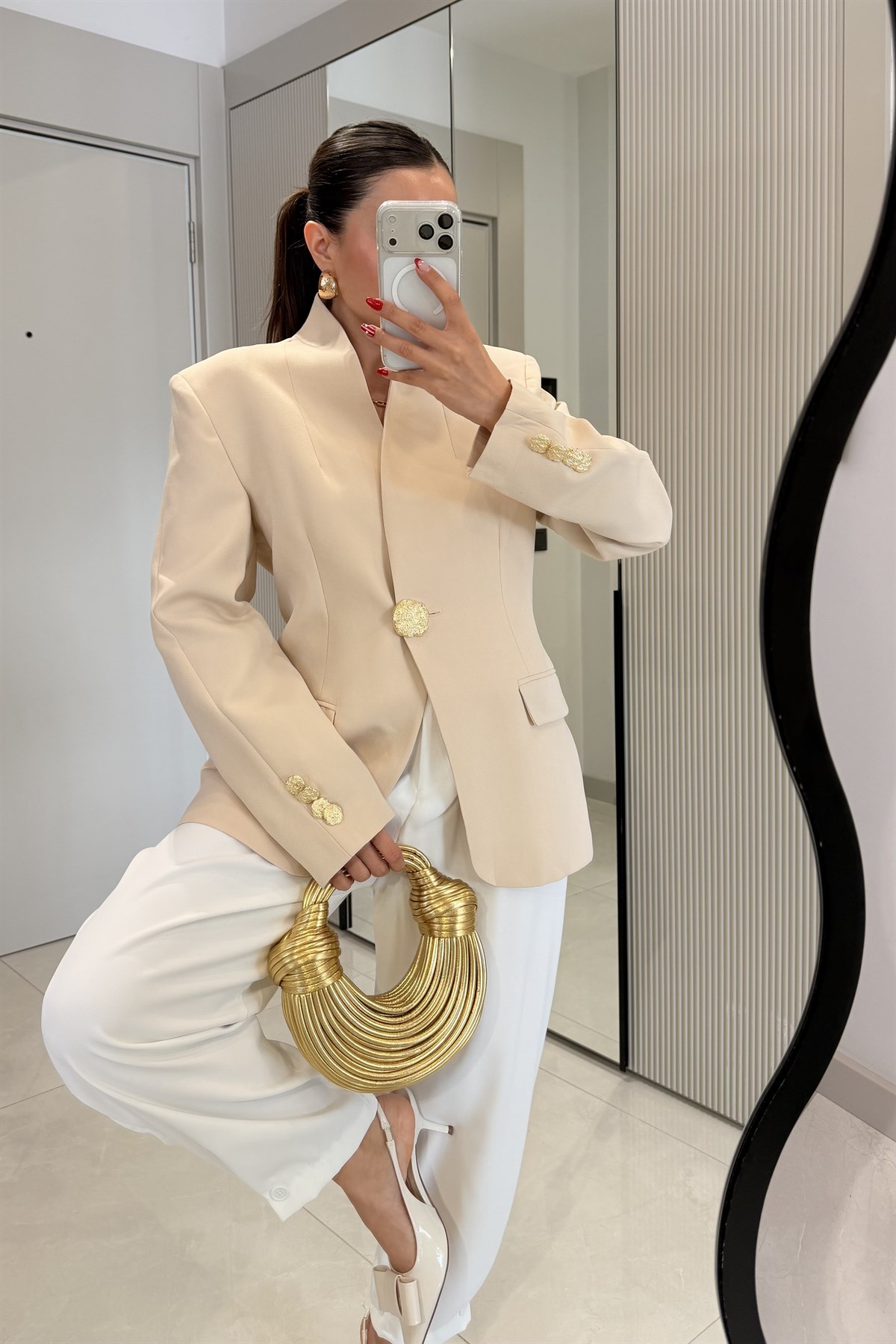 Harward Krem Gold Düğmeli Blazer Ceket