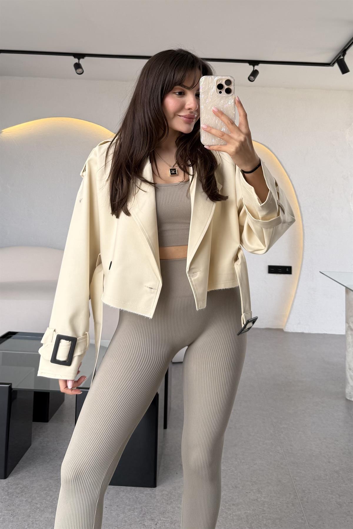 Harward Krem Mini Kuşaklı Trenç 