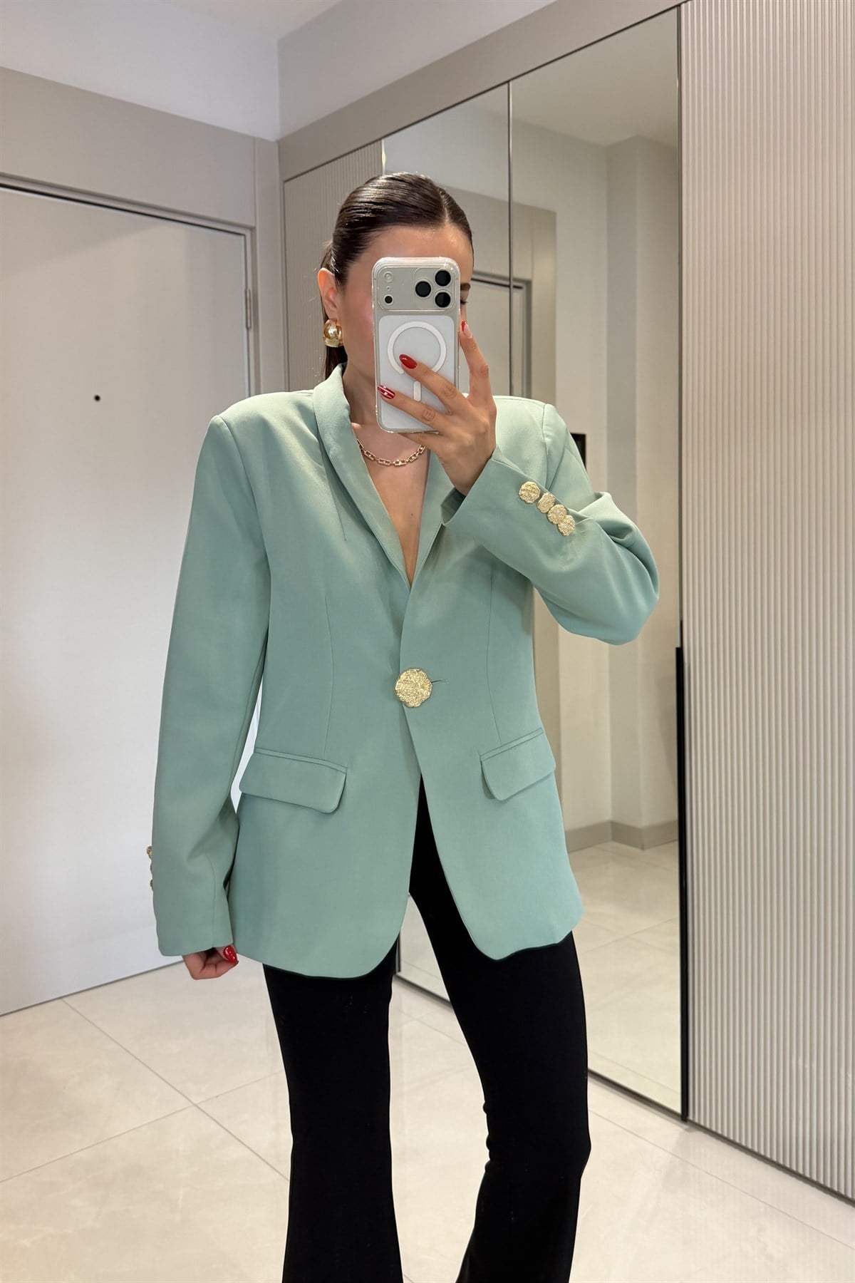 Harward Mint Gold Düğmeli Blazer Ceket