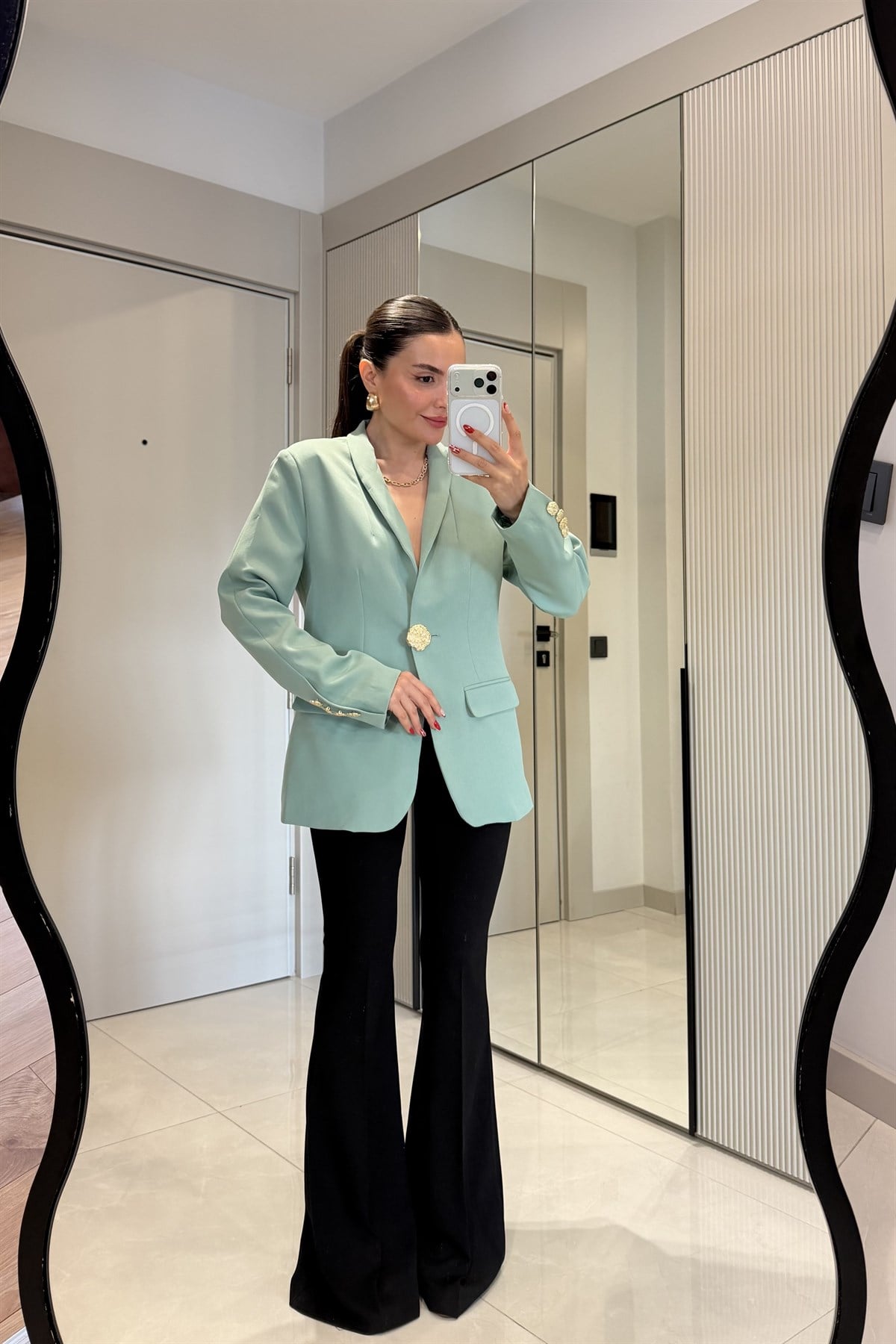 Harward Mint Gold Düğmeli Blazer Ceket