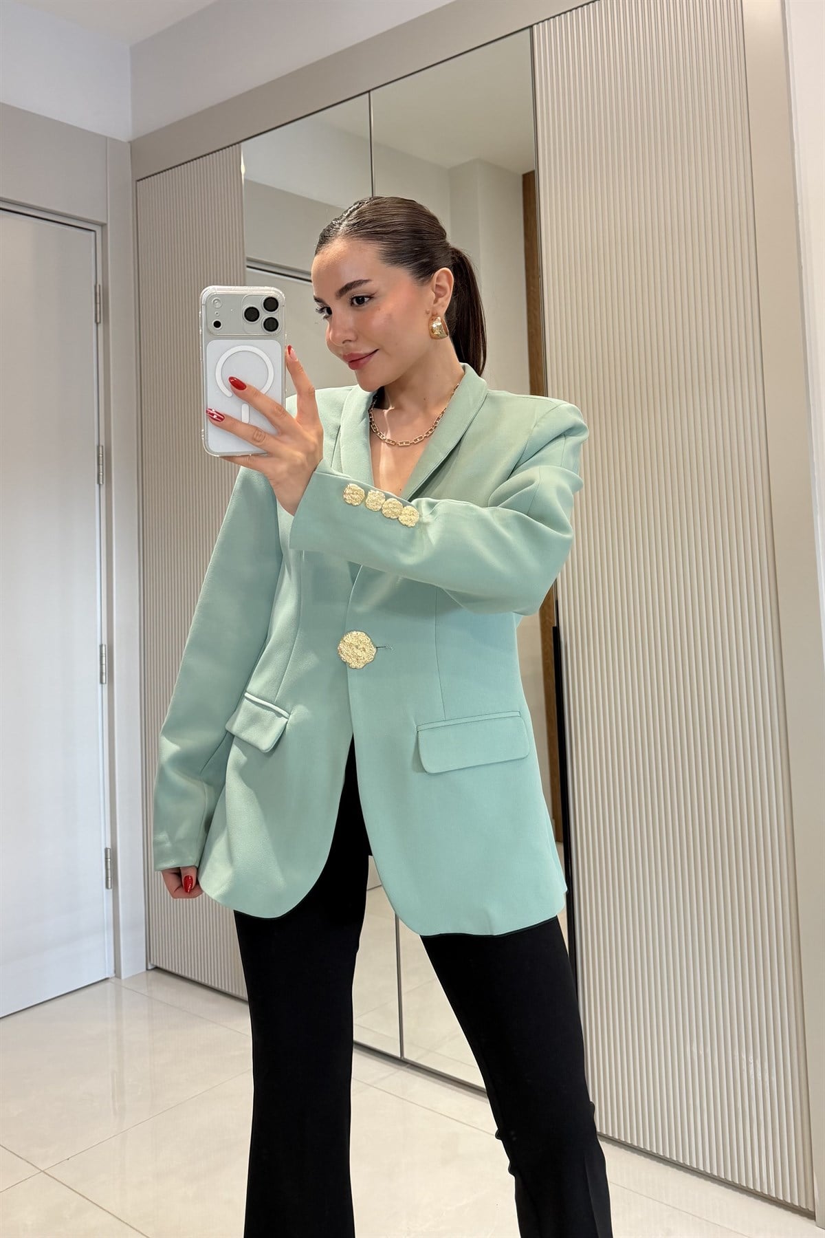 Harward Mint Gold Düğmeli Blazer Ceket