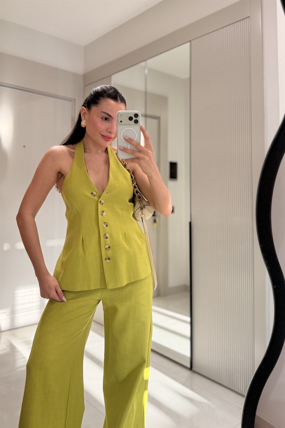 Hauser Yağ Yeşili Keten Yelekli Takım