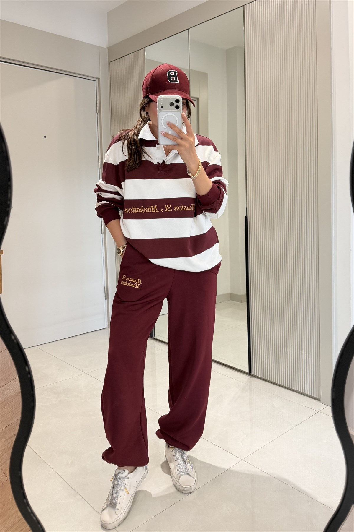 Hauston Bordo Çizgili Sweatshirt Eşofman Takım