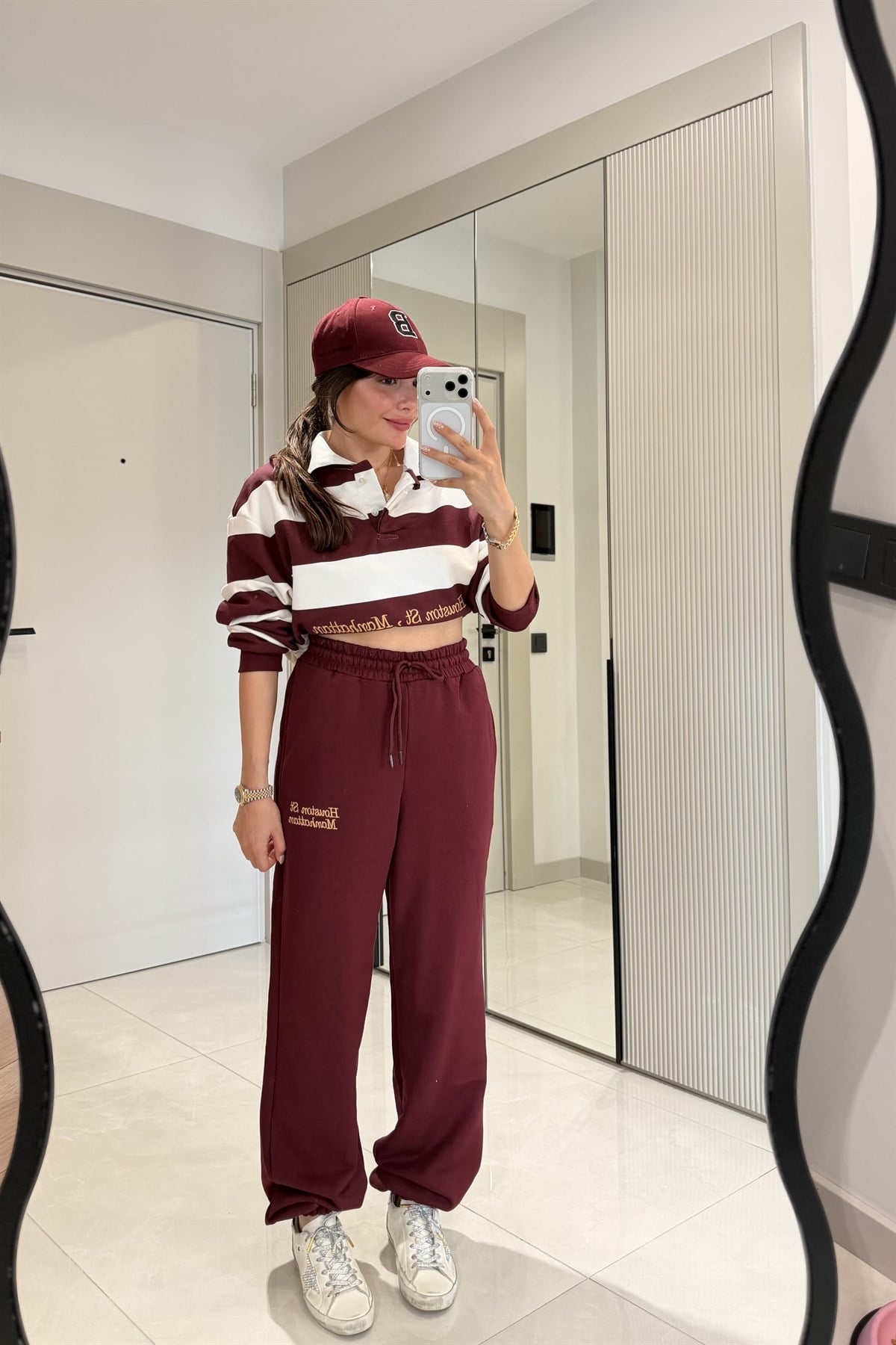 Hauston Bordo Çizgili Sweatshirt Eşofman Takım