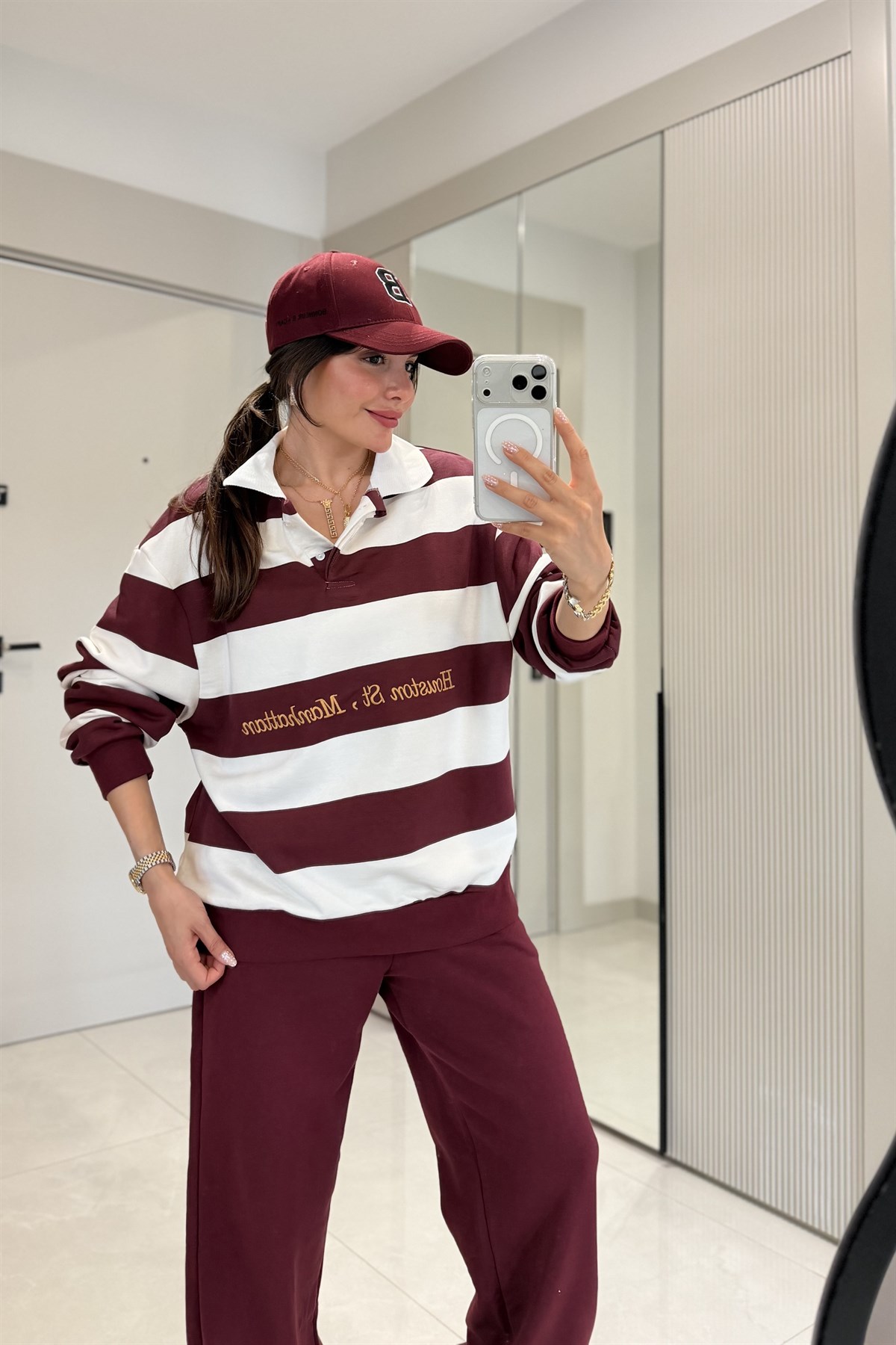 Hauston Bordo Çizgili Sweatshirt Eşofman Takım