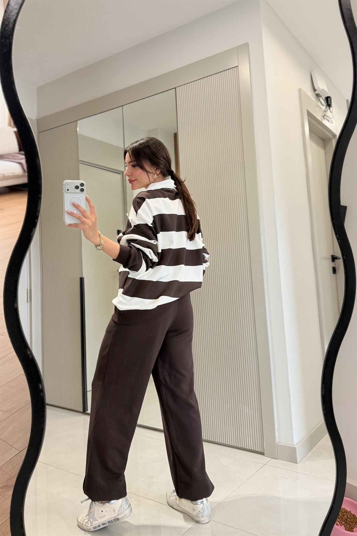 Hauston Kahve Çizgili Sweatshirt Eşofman Takım