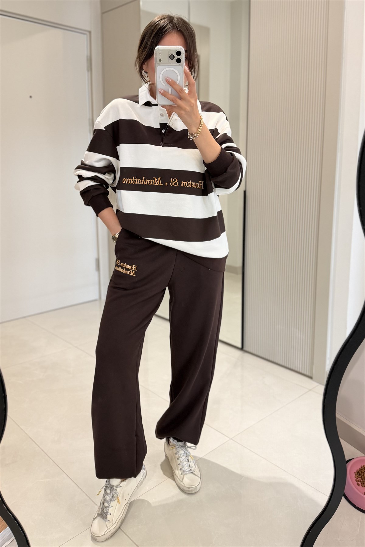 Hauston Kahve Çizgili Sweatshirt Eşofman Takım