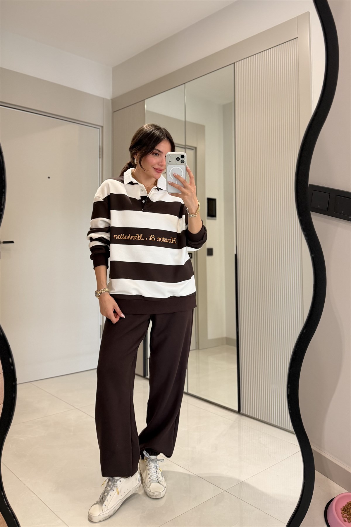 Hauston Kahve Çizgili Sweatshirt Eşofman Takım