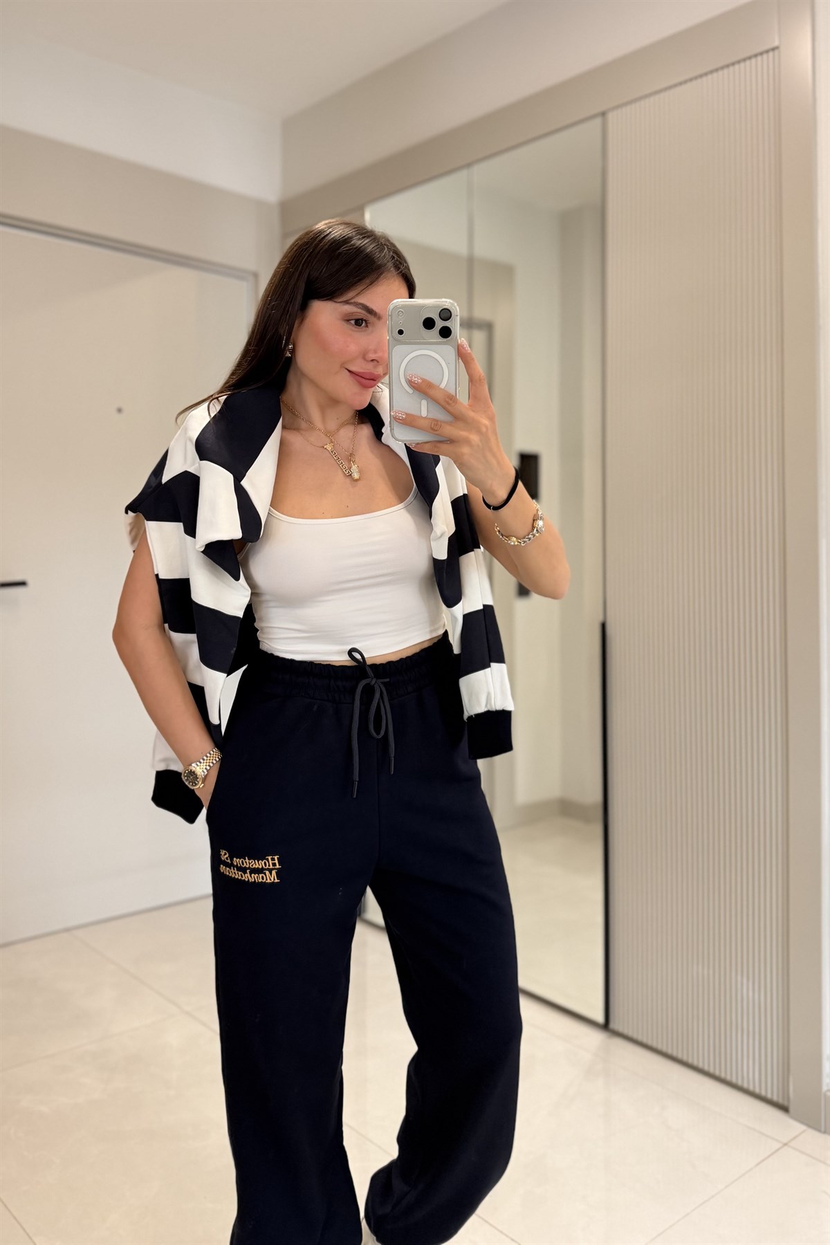 Hauston Lacivert Çizgili Sweatshirt Eşofman Takım