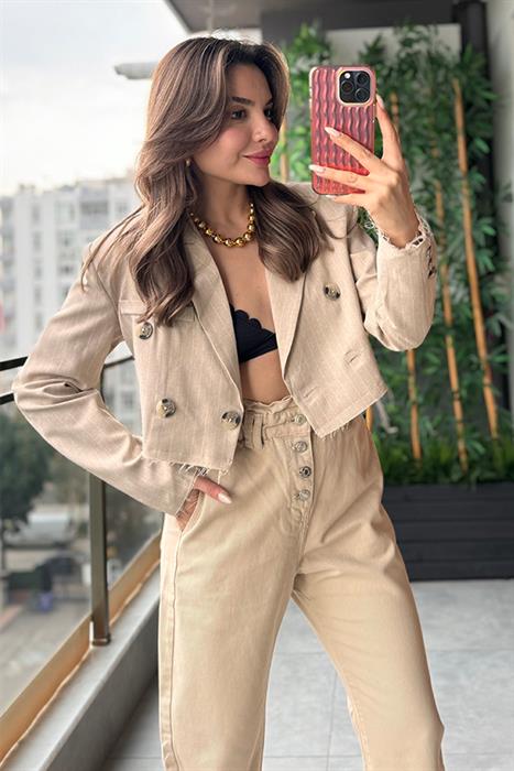 Hawaian Çizgili Crop Ceket - Bej