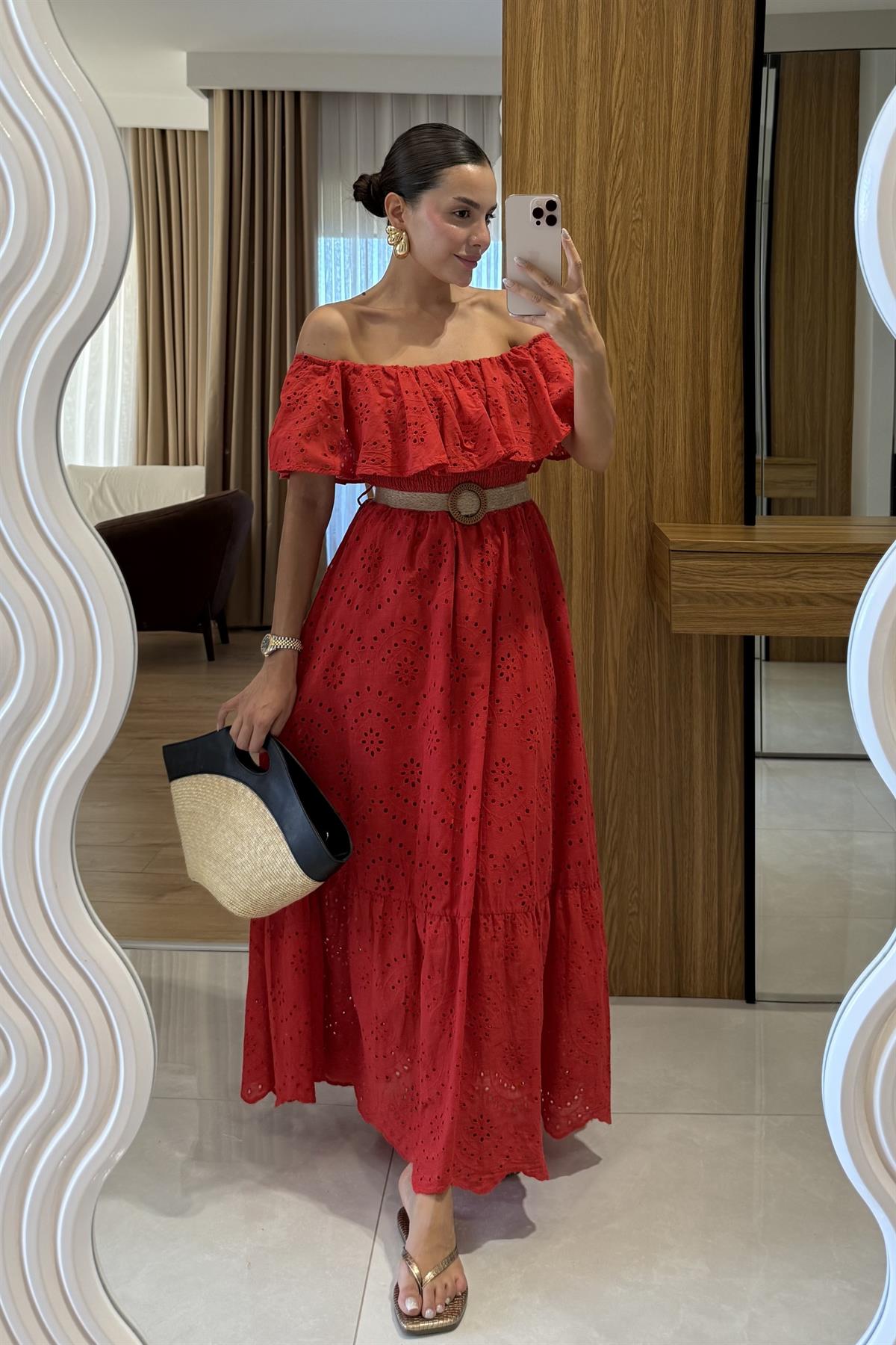 Hawea Kırmızı Kemerli Fisto Elbise