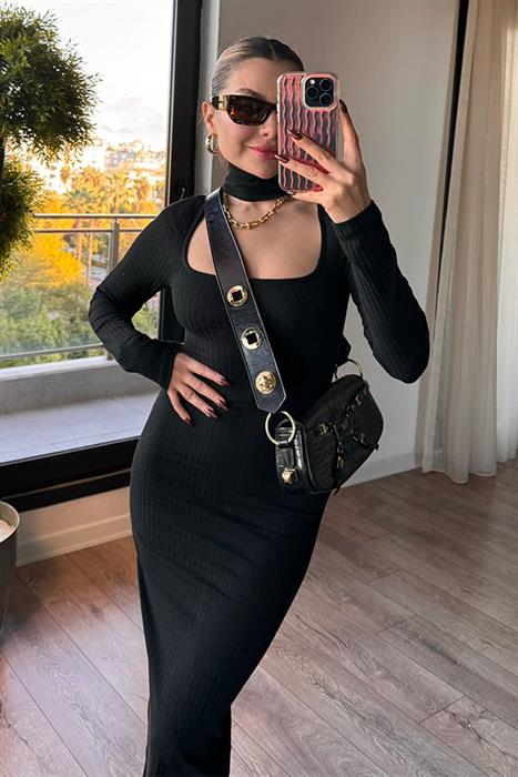 Hazel Kaşkorse Fitilli Elbise - Siyah
