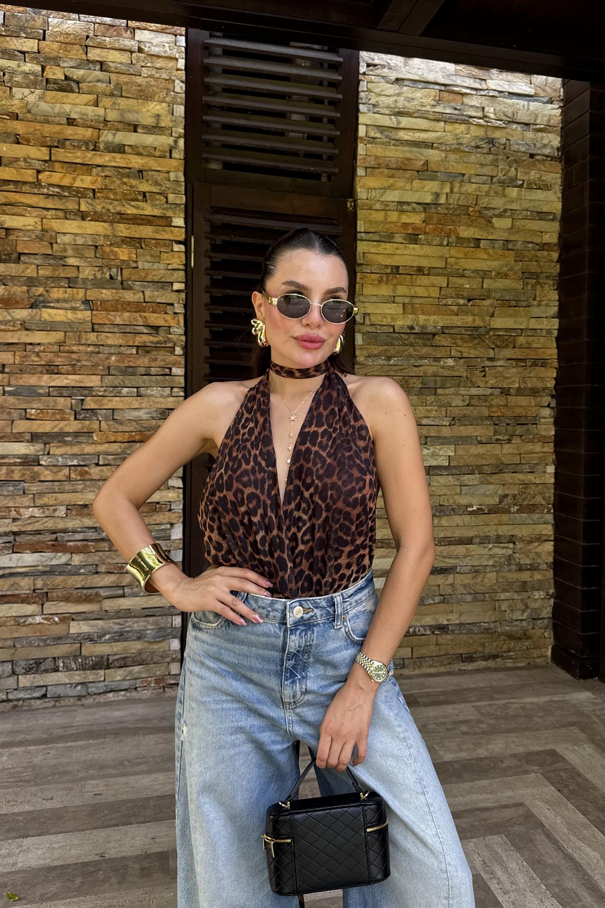 Heide Leopar Tasarım Sırt Dekolteli Bluz