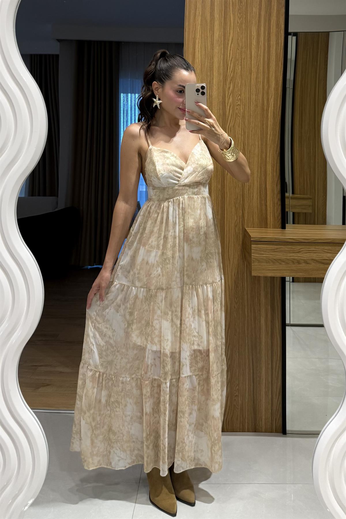 Heidi Ekru Desenli Askılı Şifon Elbise 