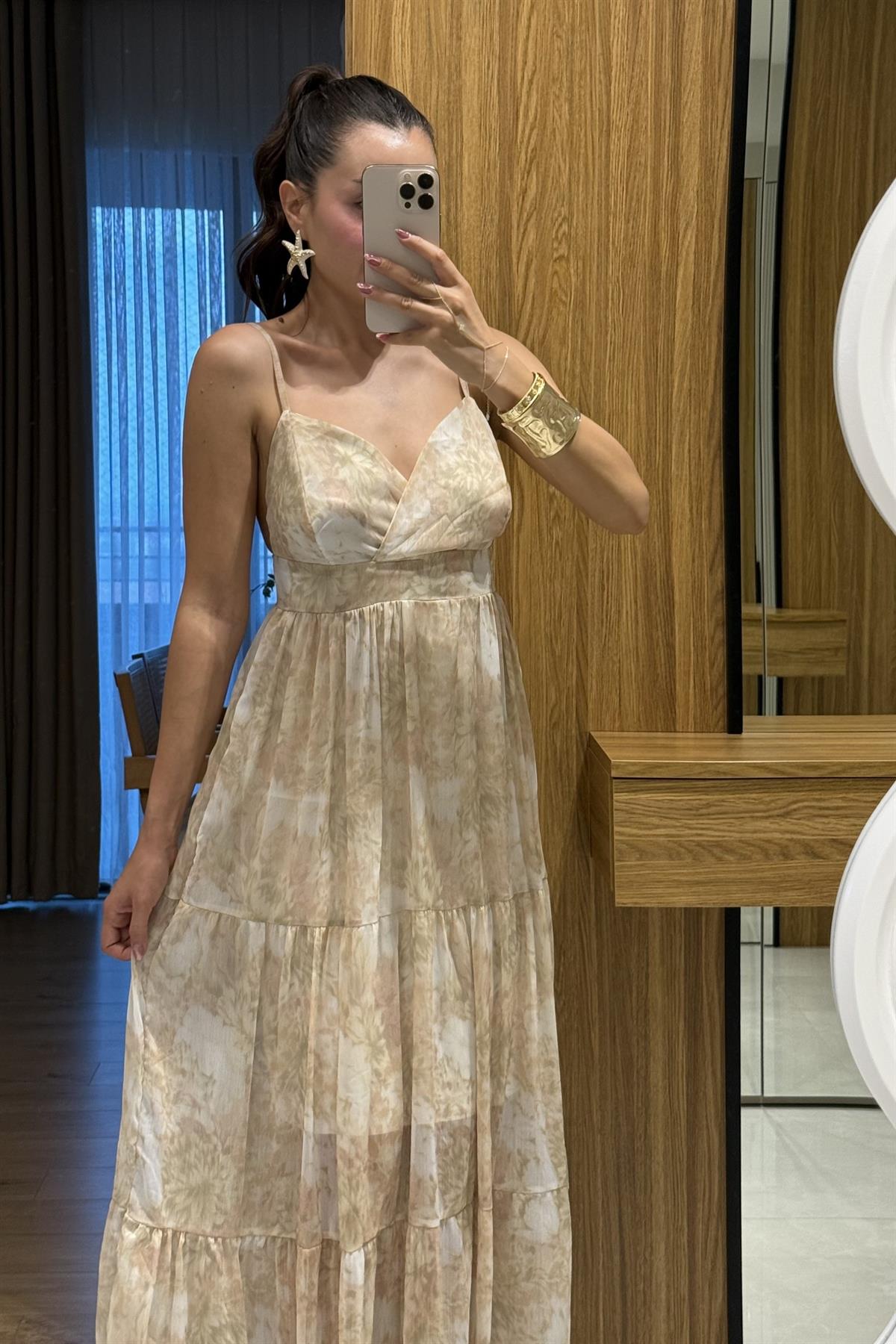 Heidi Ekru Desenli Askılı Şifon Elbise 