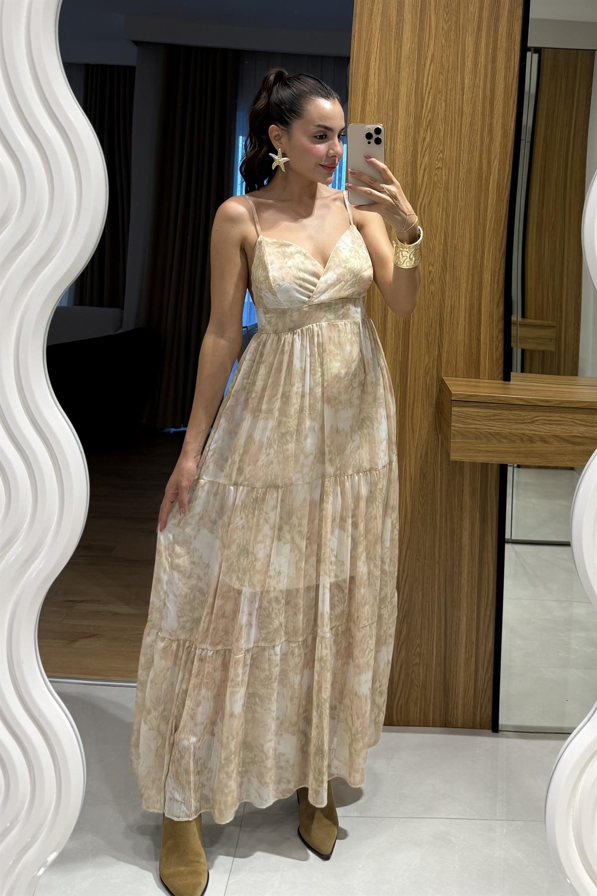 Heidi Ekru Desenli Askılı Şifon Elbise 