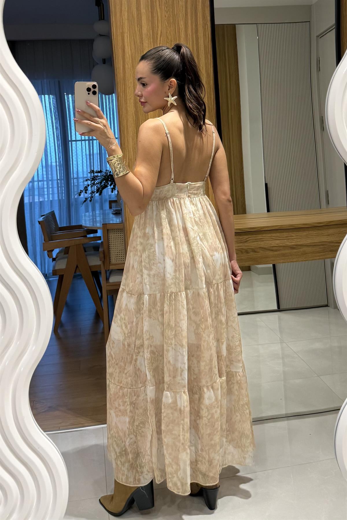 Heidi Ekru Desenli Askılı Şifon Elbise 