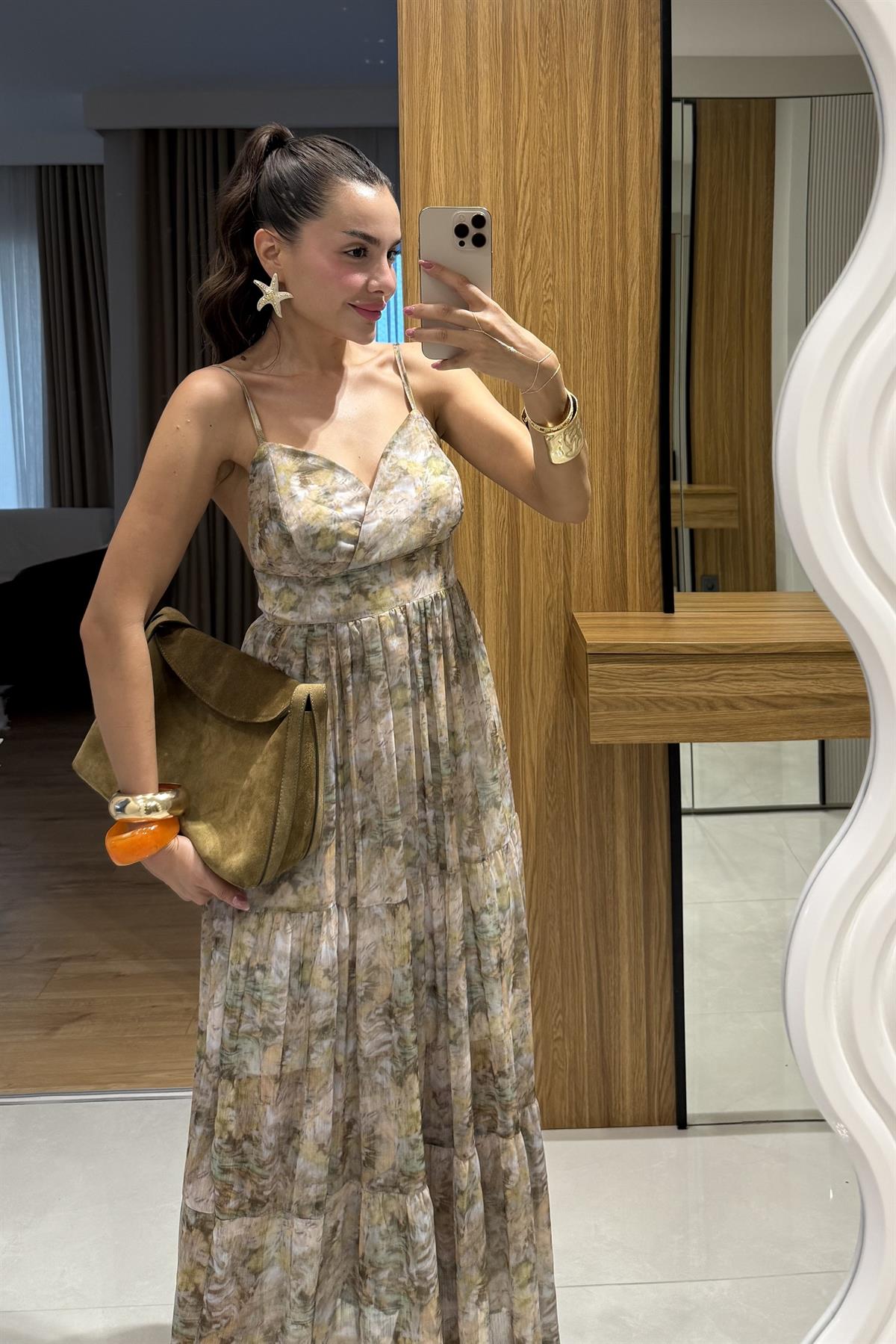 Heidi Haki Desenli Askılı Şifon Elbise 