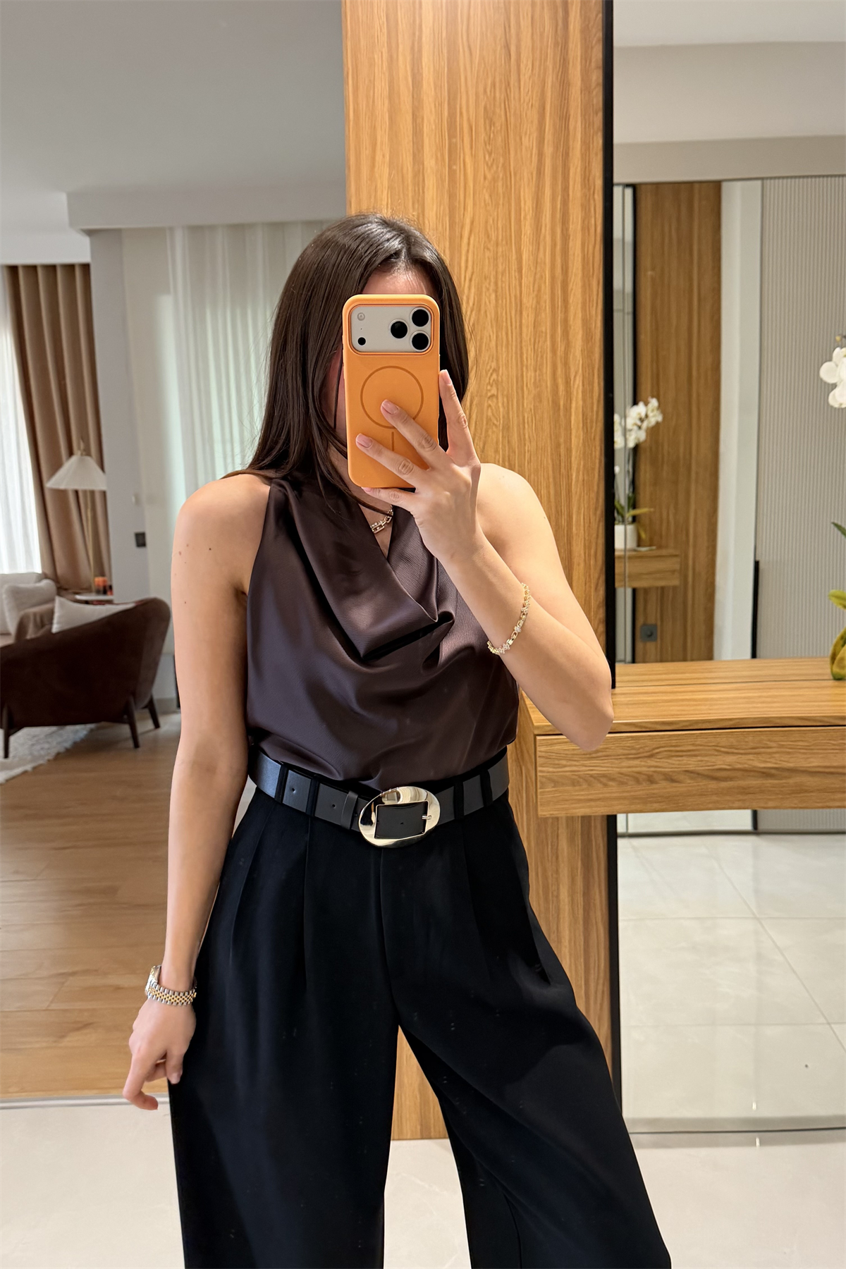 Helina Kahve Degaje Saten Bluz