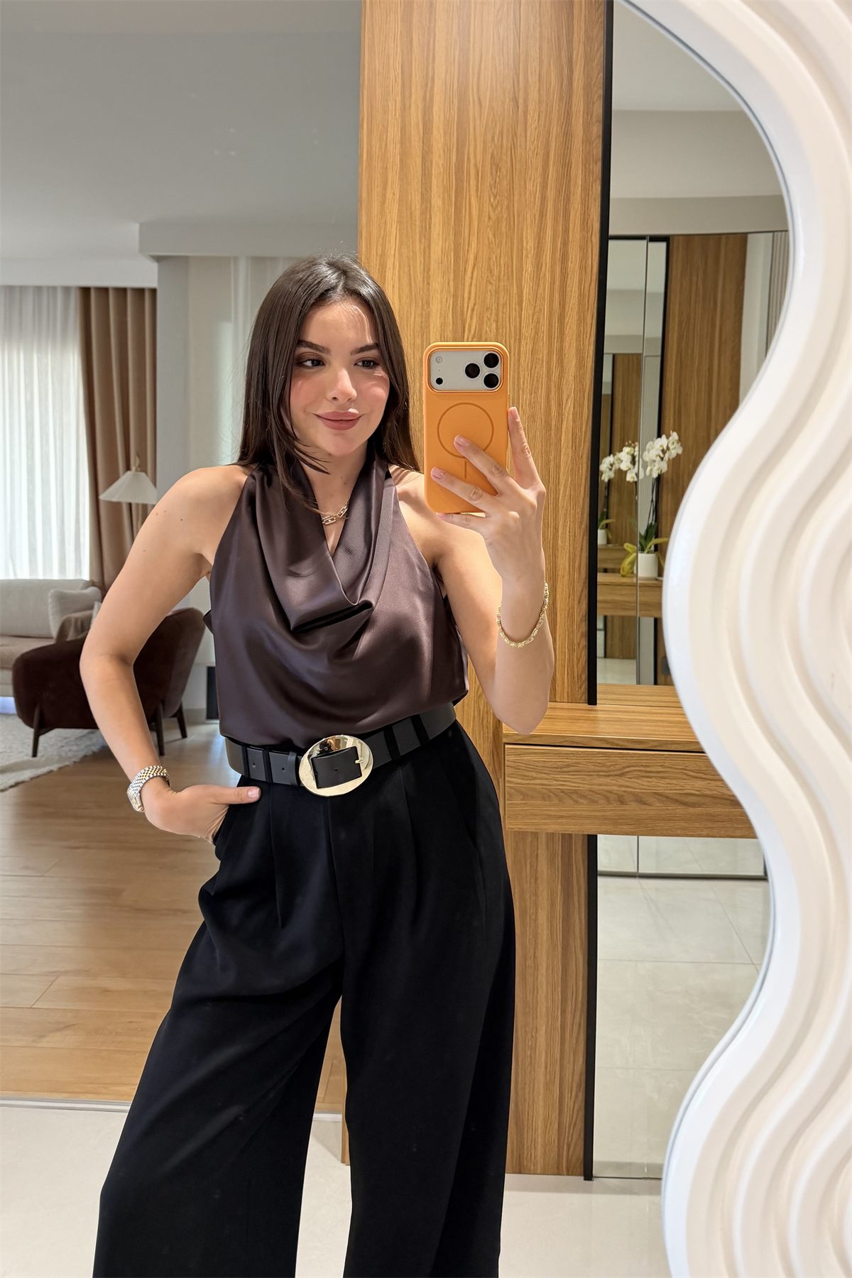Helina Kahve Degaje Saten Bluz