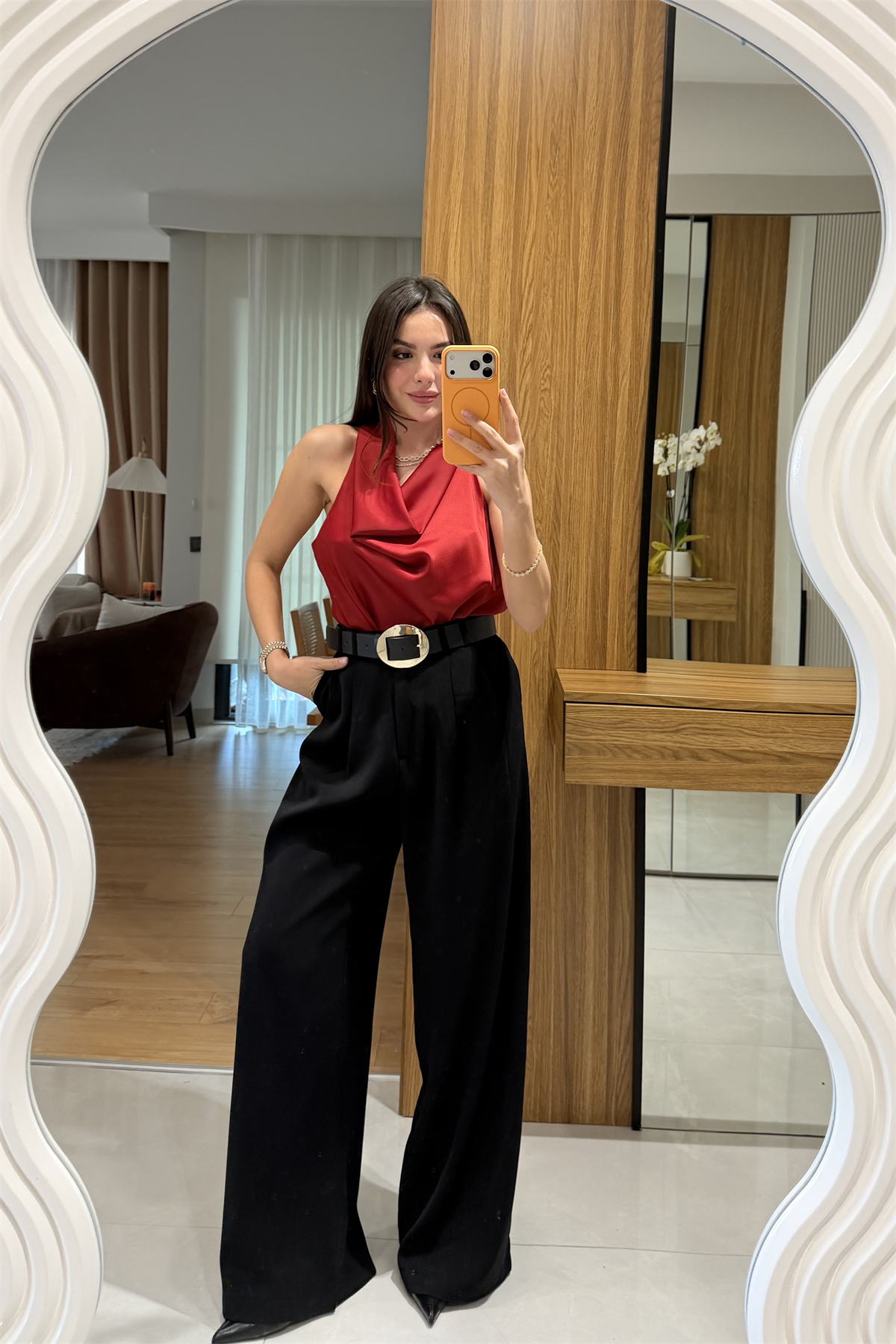 Helina Kırmızı Degaje Saten Bluz