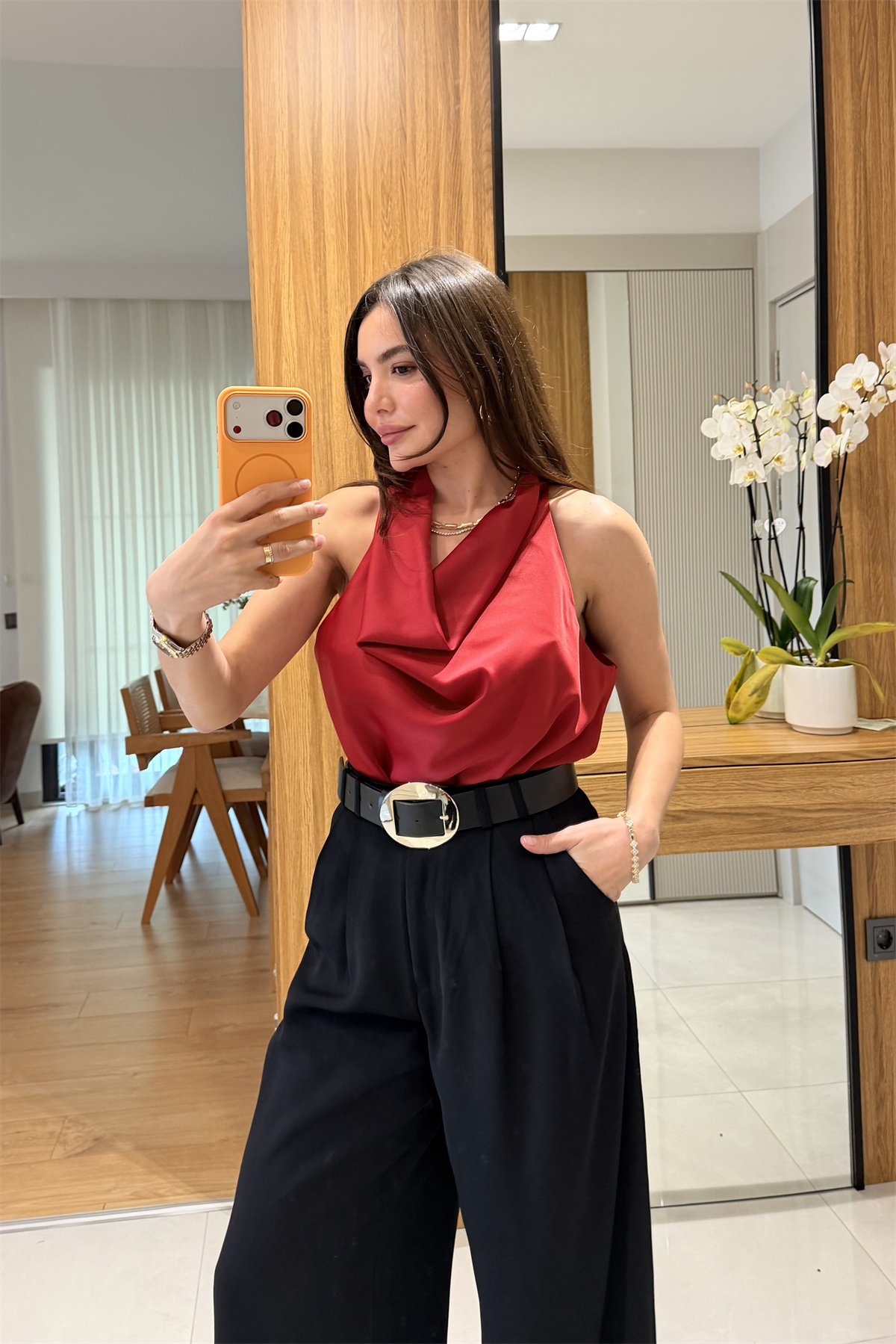 Helina Kırmızı Degaje Saten Bluz
